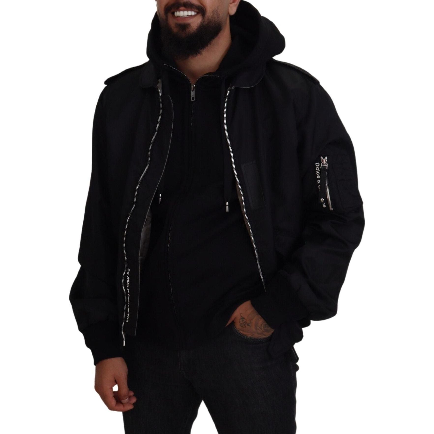 Dolce & Gabbana Black Nylon Hooded Bomber Jacket