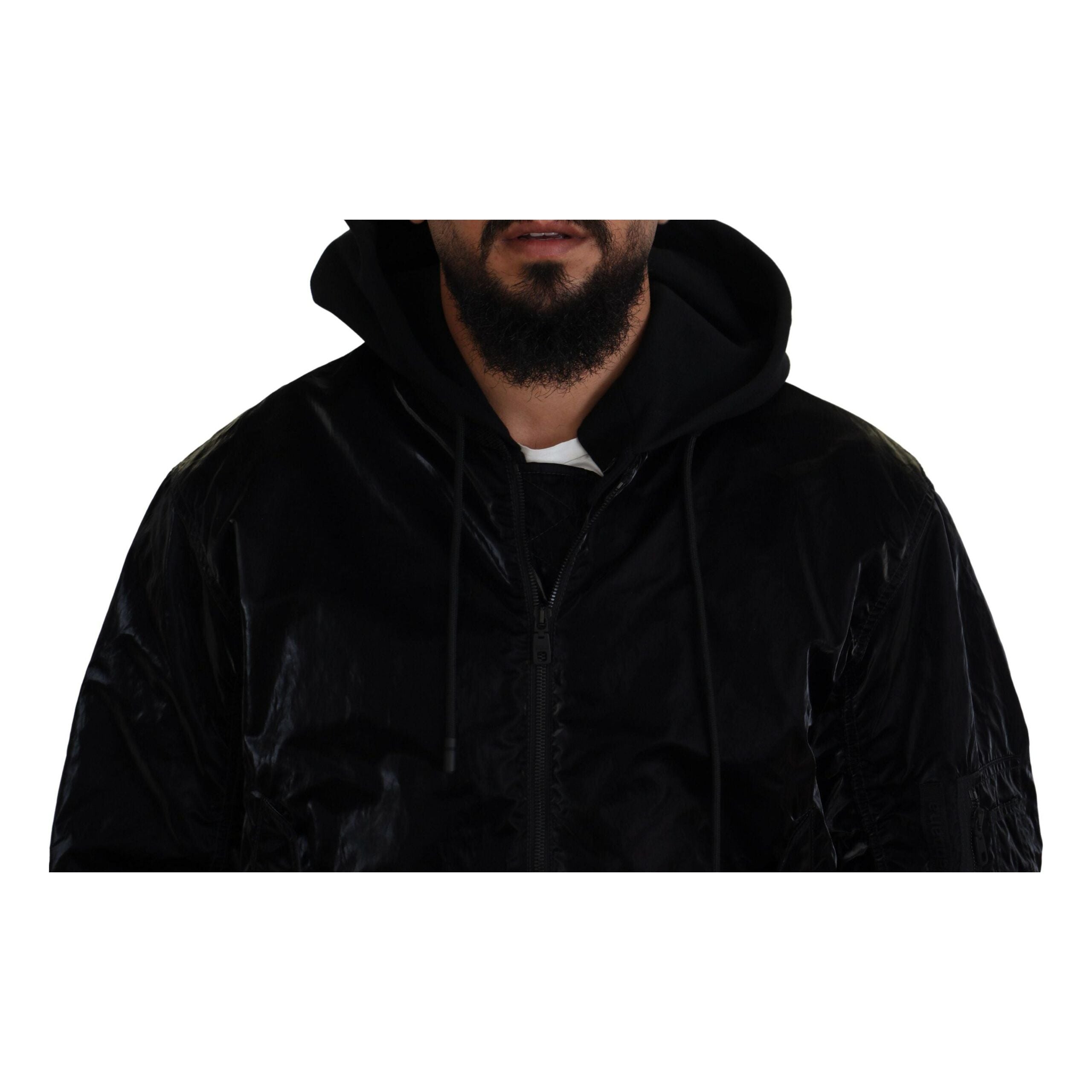 Dolce & Gabbana Black Nylon Bomber Hooded Jacket
