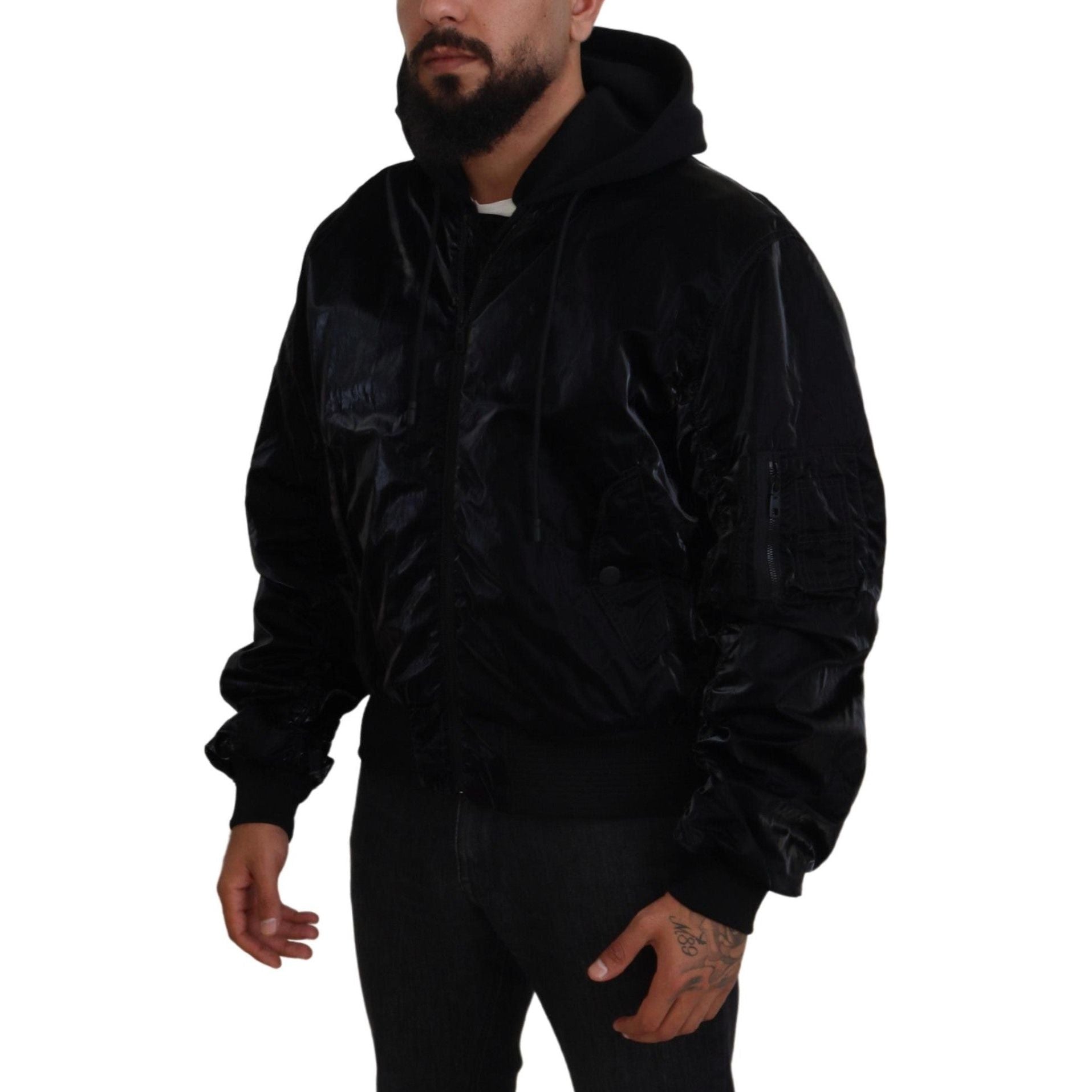 Dolce & Gabbana Black Nylon Bomber Hooded Jacket