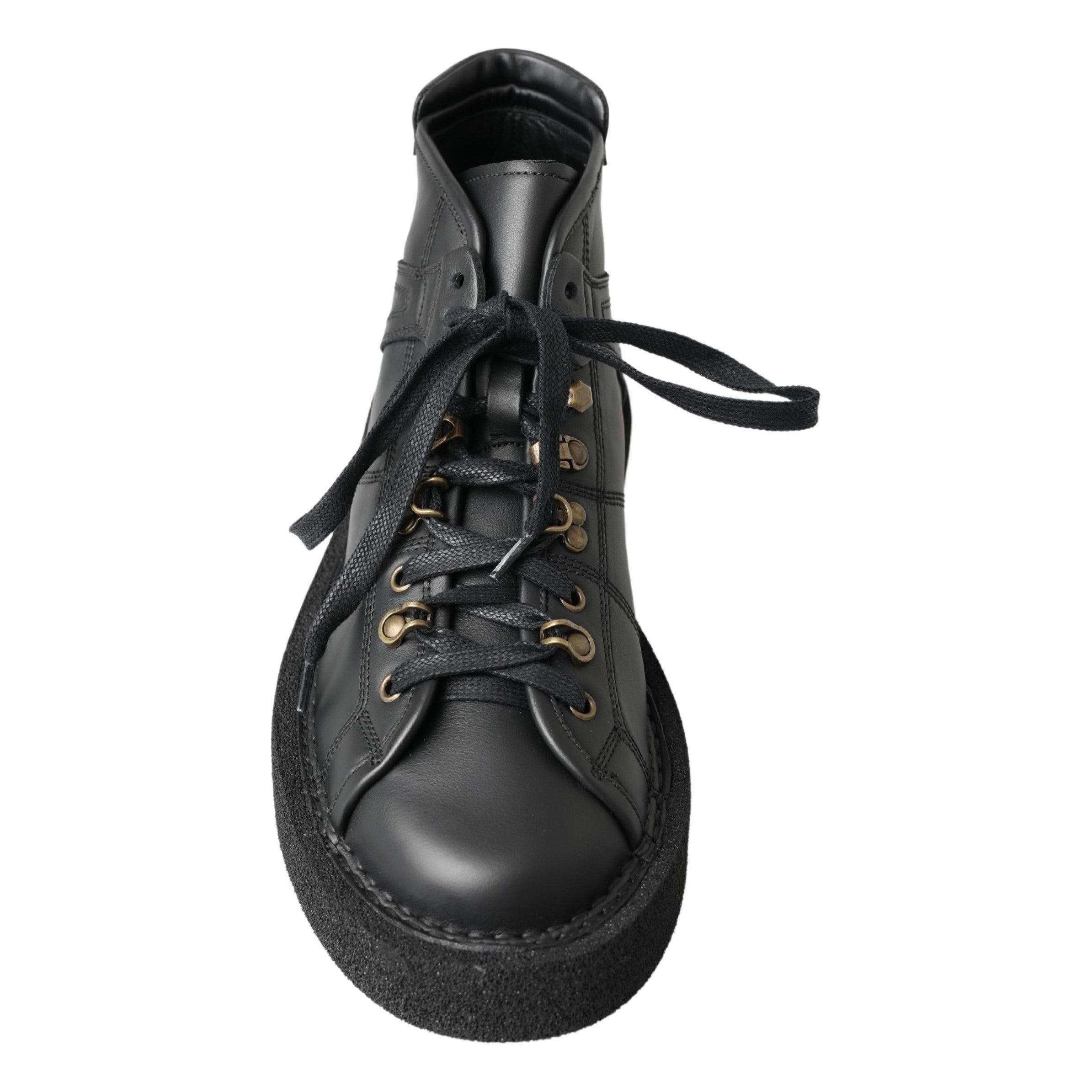 Dolce & Gabbana Black Leather Ankle Boots with Silver Chain