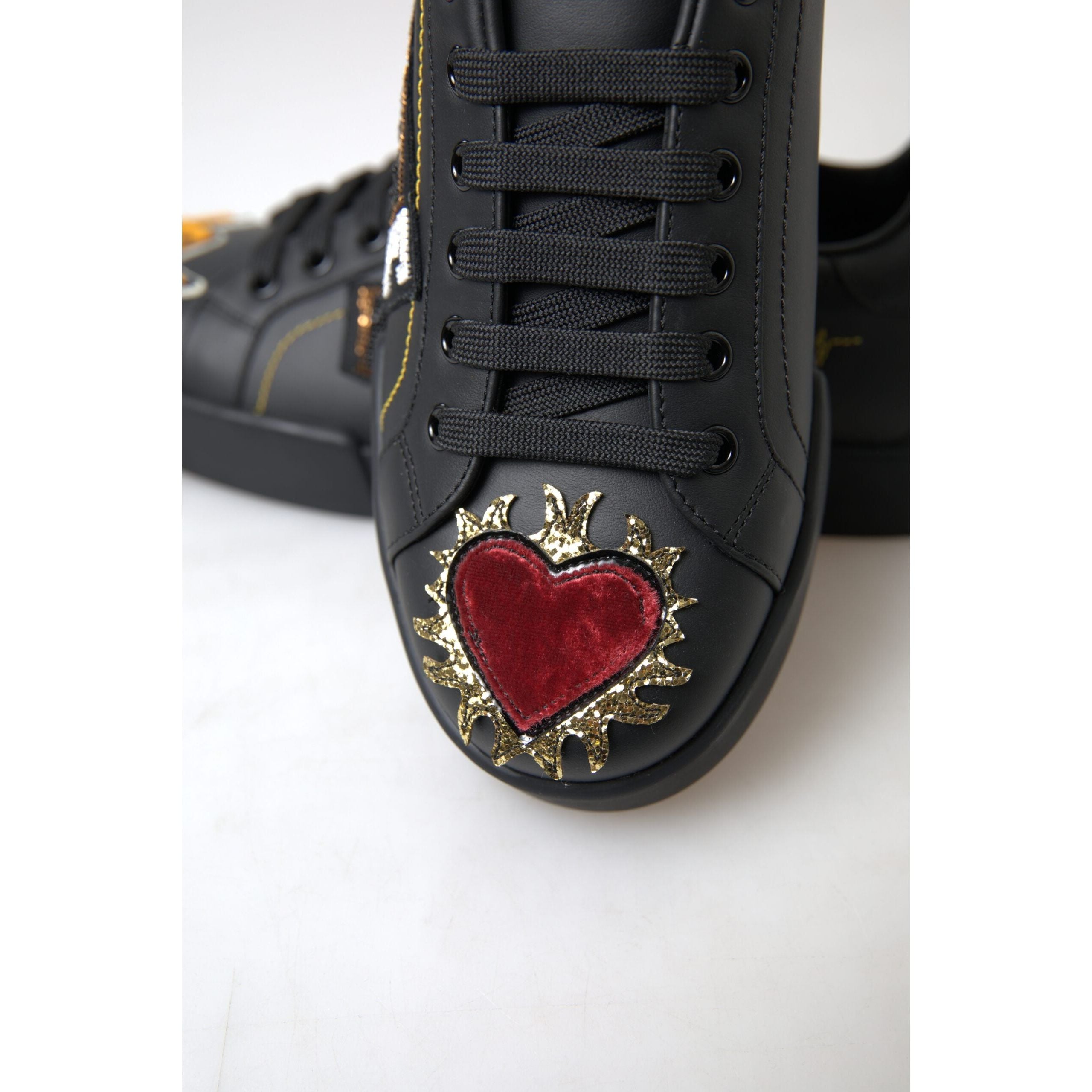 Dolce & Gabbana Black Leather Sneakers Multicolor Accents