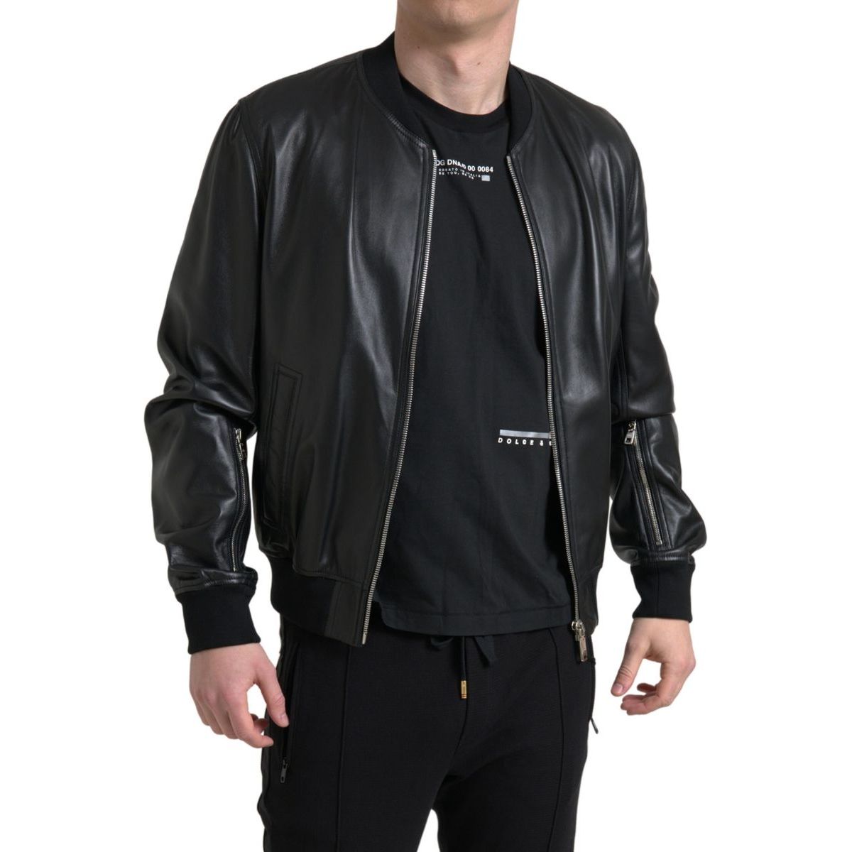 Dolce & Gabbana Black Lambskin Leather Bomber Jacket