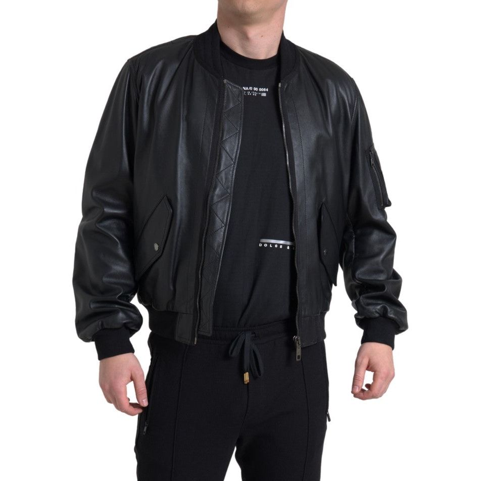 Dolce & Gabbana Black Leather Bomber Jacket