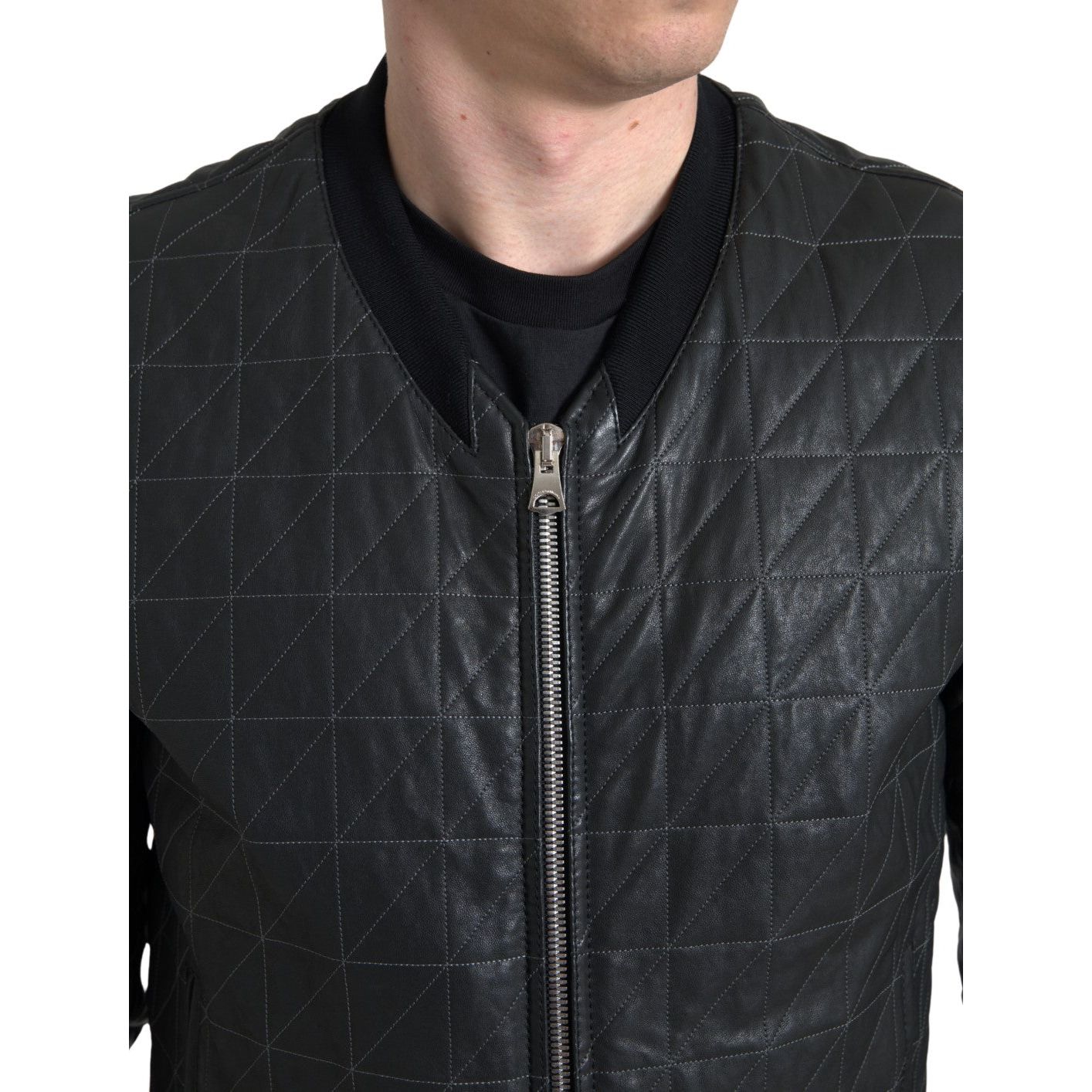 Dolce & Gabbana Black Lambskin Leather Bomber Jacket