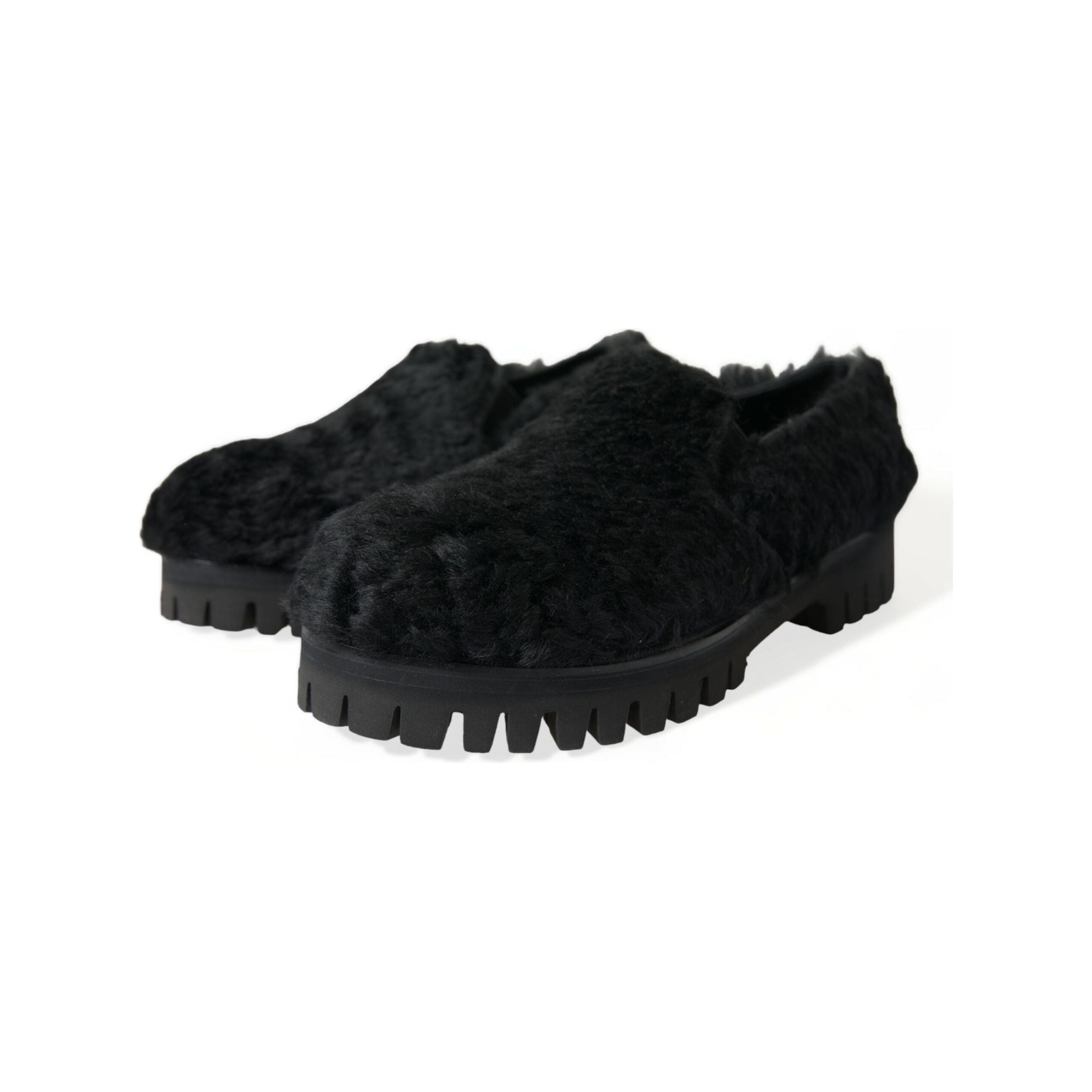 Dolce & Gabbana Black Fur Leather Slip On Loafers