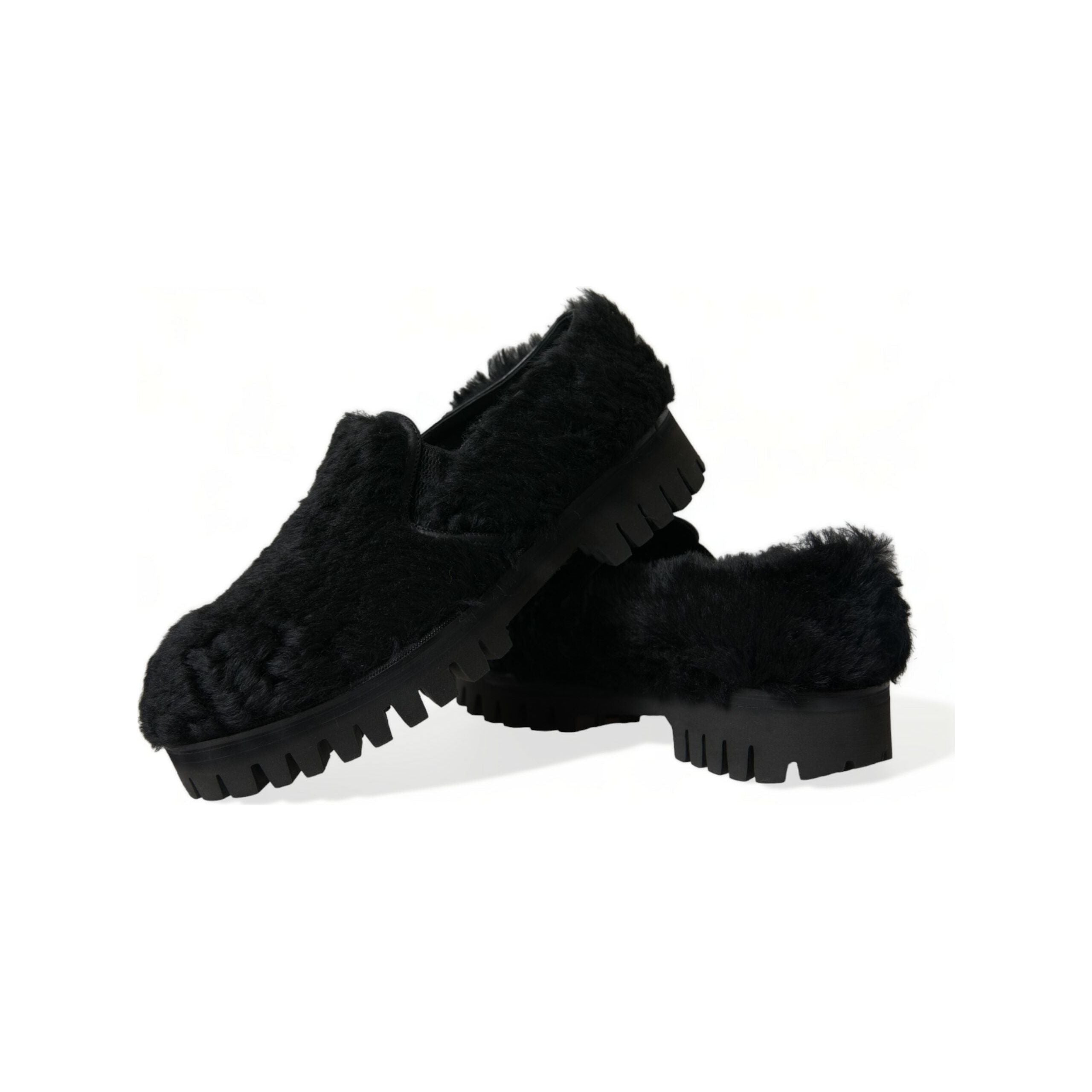 Dolce & Gabbana Black Fur Leather Slip On Loafers