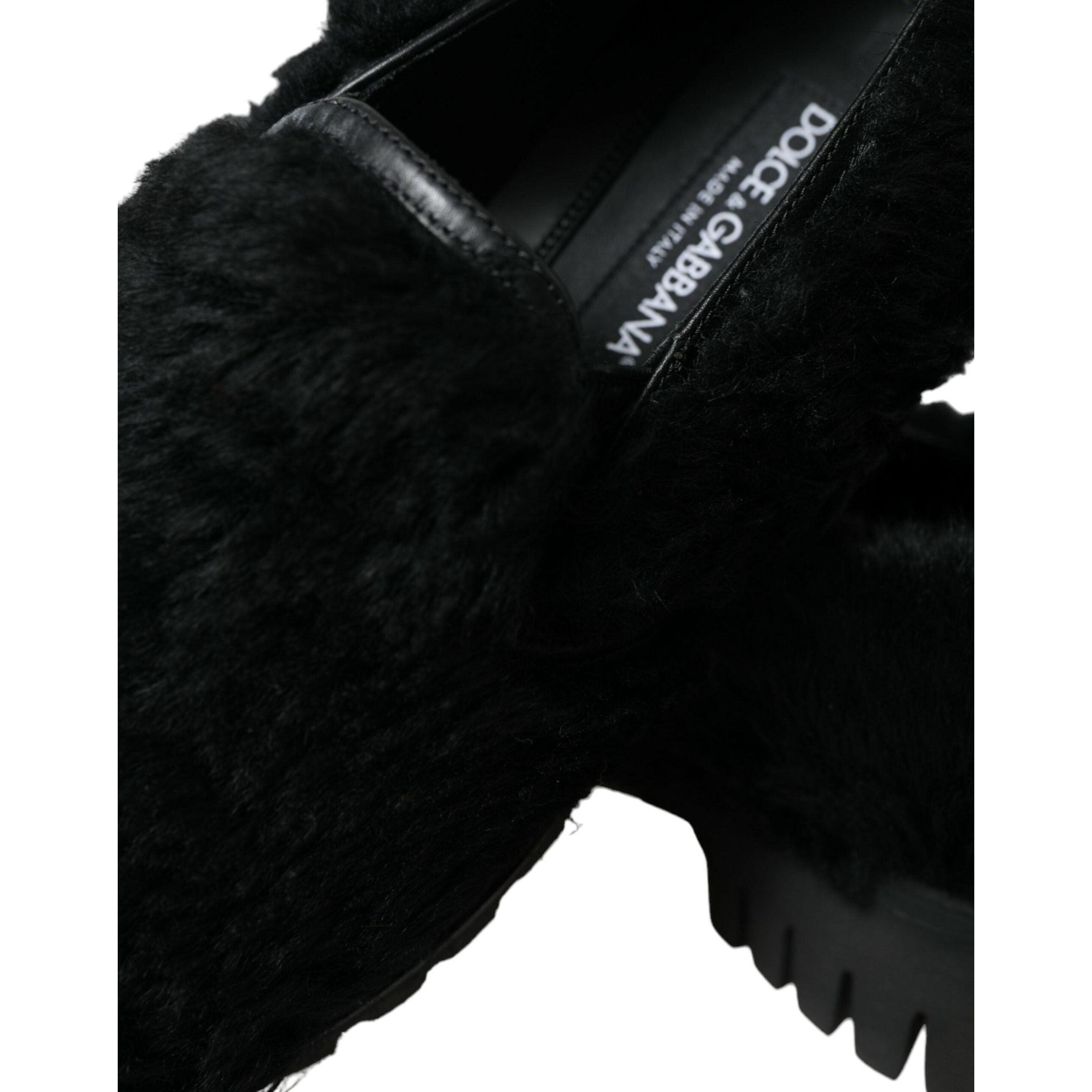 Dolce & Gabbana Black Fur Leather Slip On Loafers