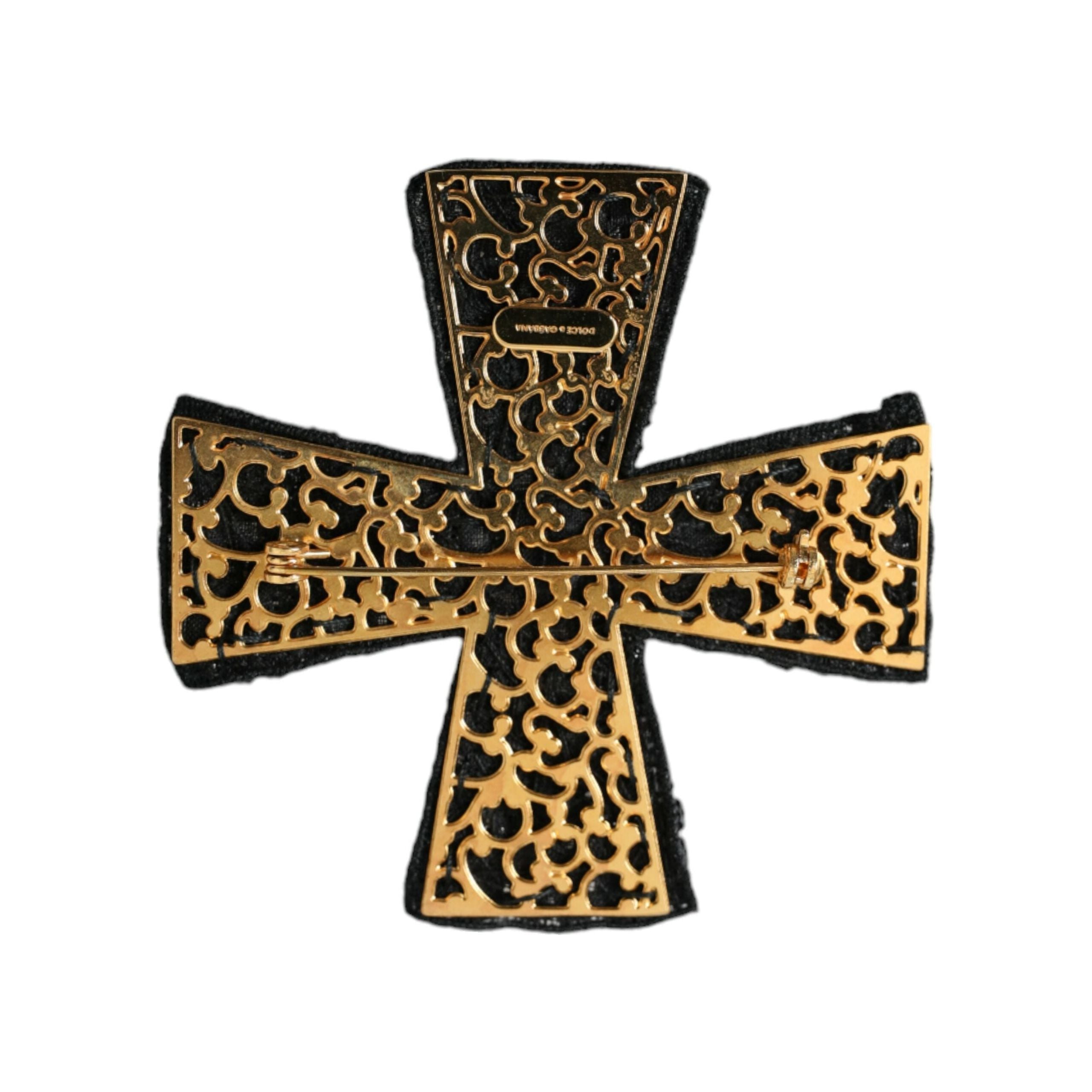 Dolce & Gabbana Black Crystals Brass Cross Pin Brooch
