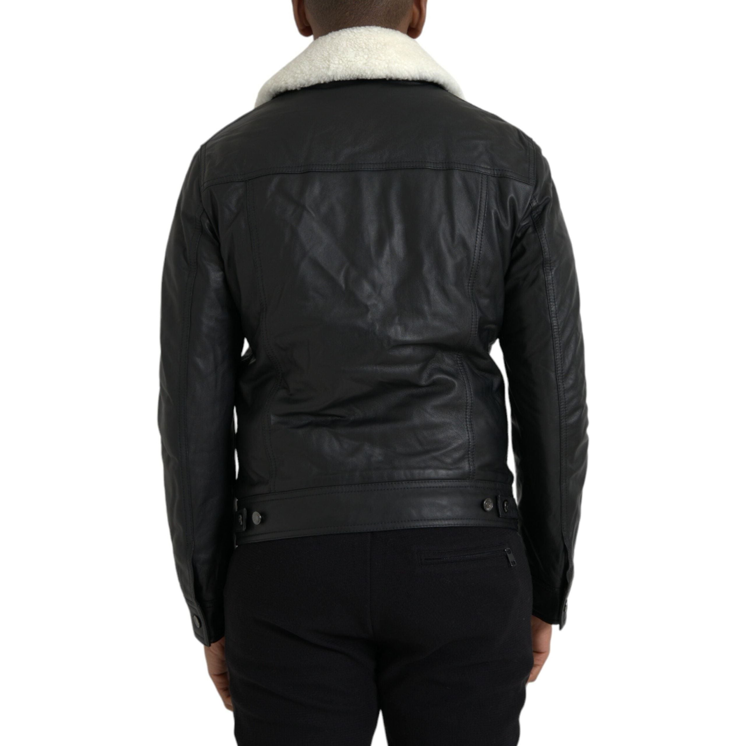 Dolce & Gabbana Black Leather Biker Coat Jacket