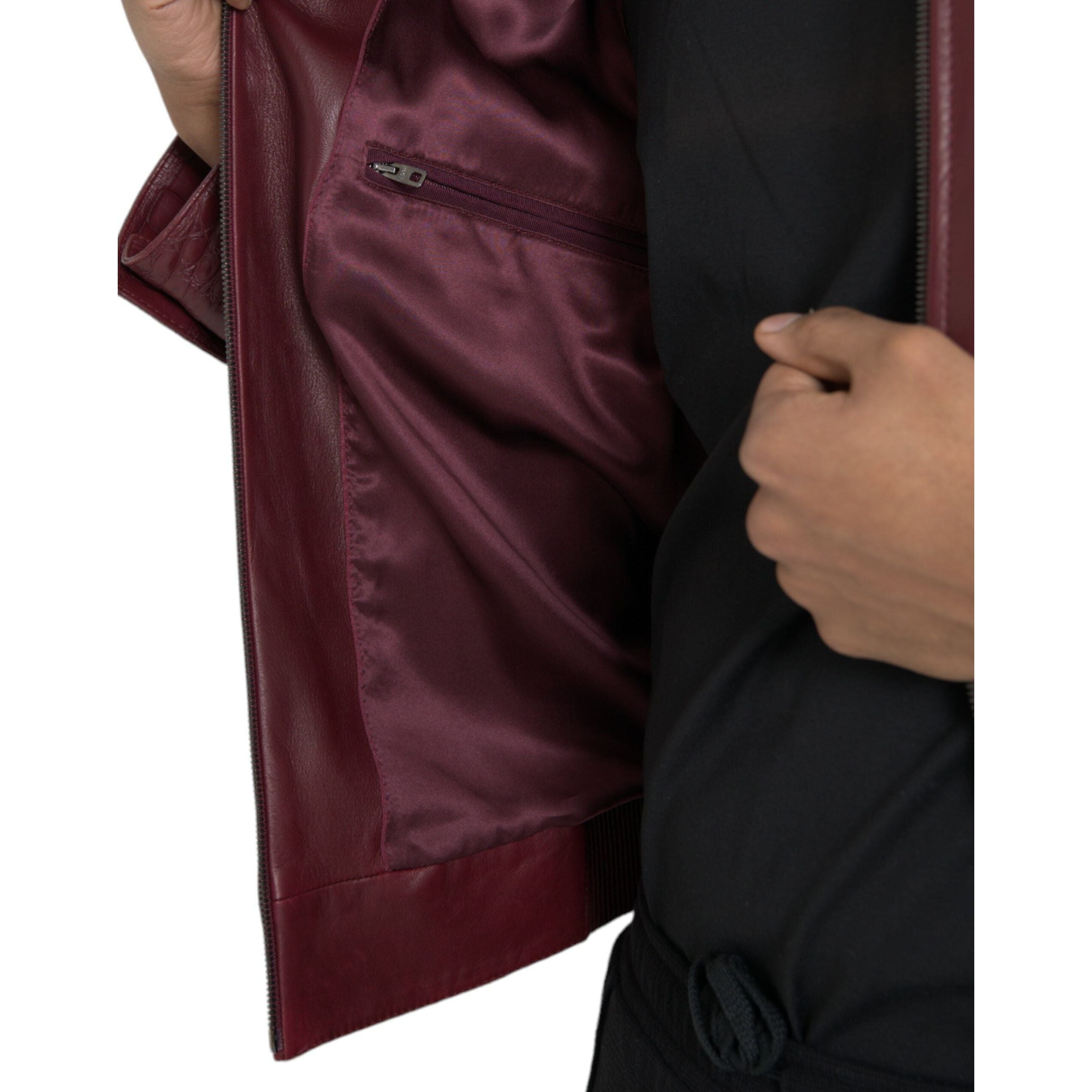 Dolce & Gabbana Maroon Exotic Leather Biker Coat Jacket