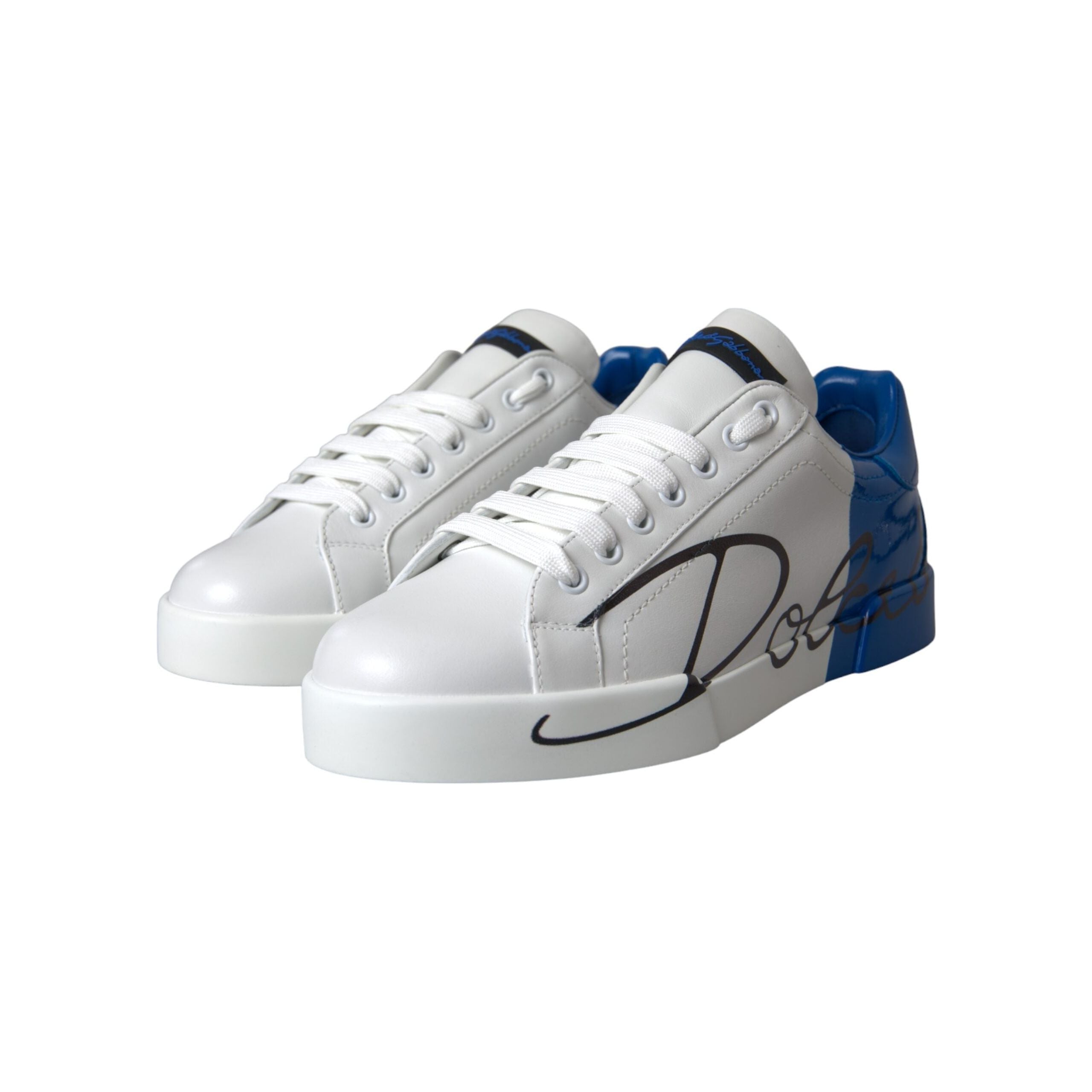 Dolce & Gabbana White Blue Leather Low Top Sneakers