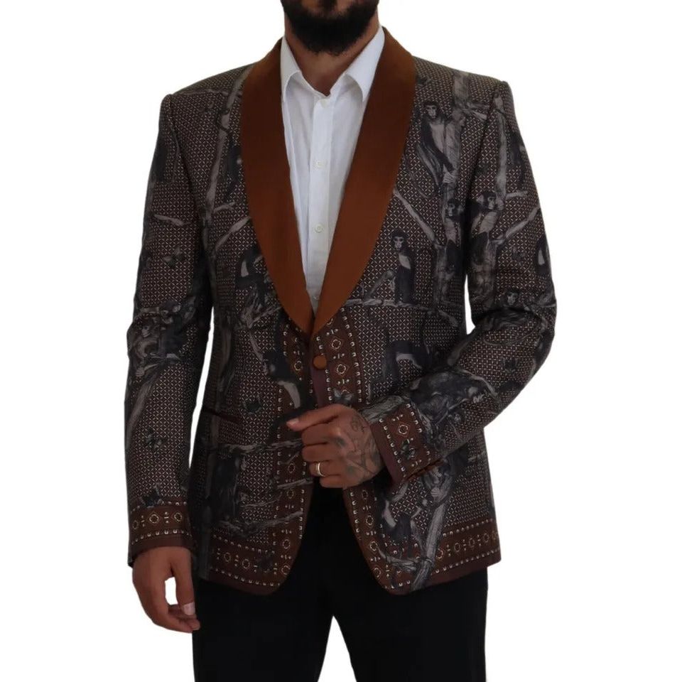Dolce & Gabbana Bronze Silk Monkey Print Slim Jacket Blazer