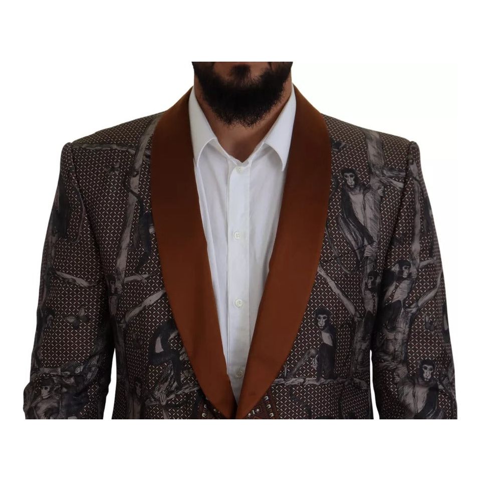 Dolce & Gabbana Bronze Silk Monkey Print Slim Jacket Blazer