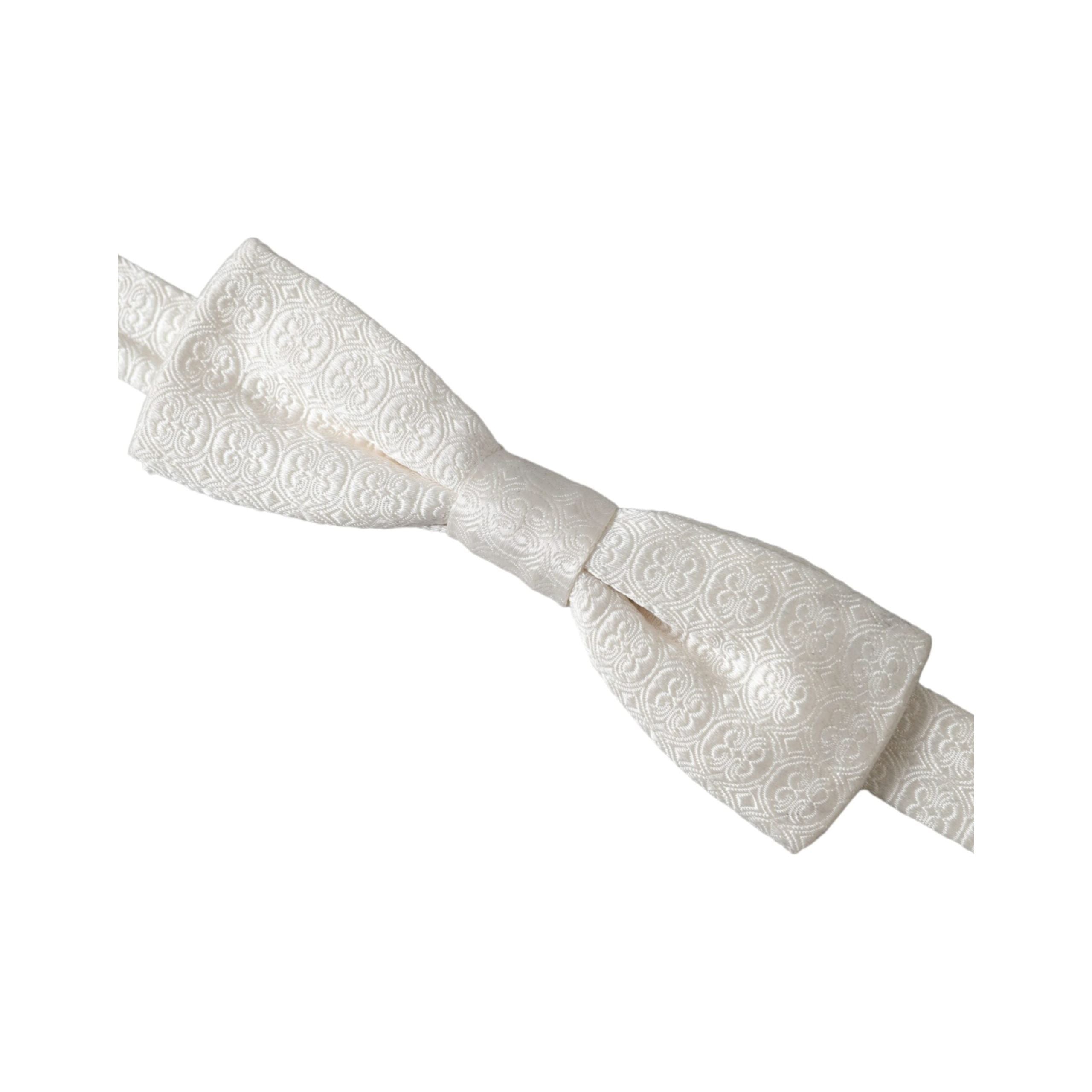 Dolce & Gabbana White Silk Patterned Adjustable Neck Bow Tie
