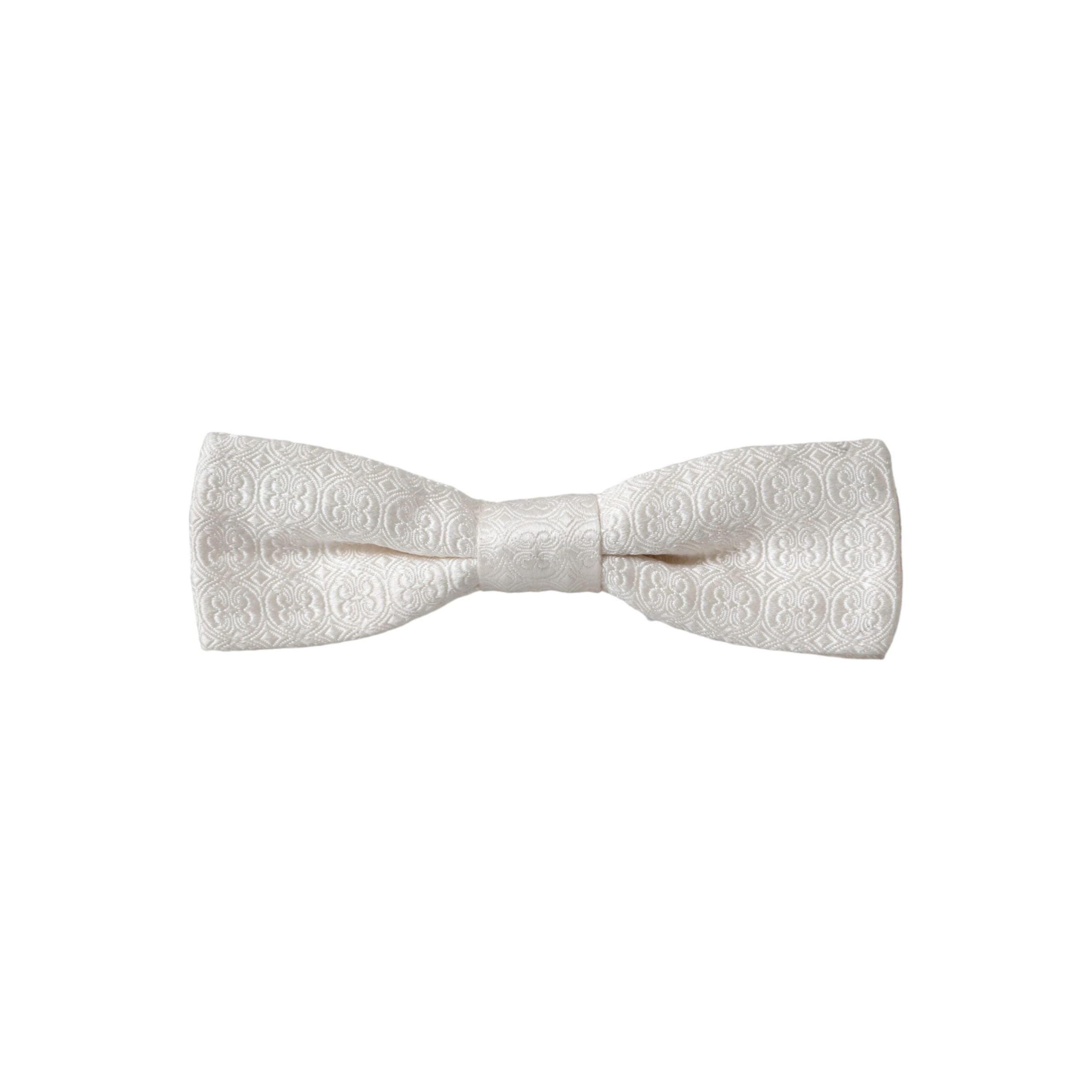 Dolce & Gabbana White Silk Patterned Adjustable Neck Bow Tie
