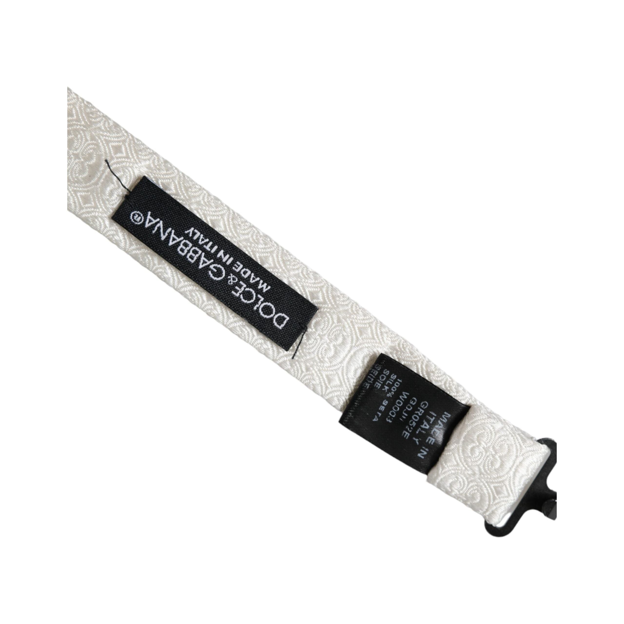 Dolce & Gabbana White Silk Patterned Adjustable Neck Bow Tie