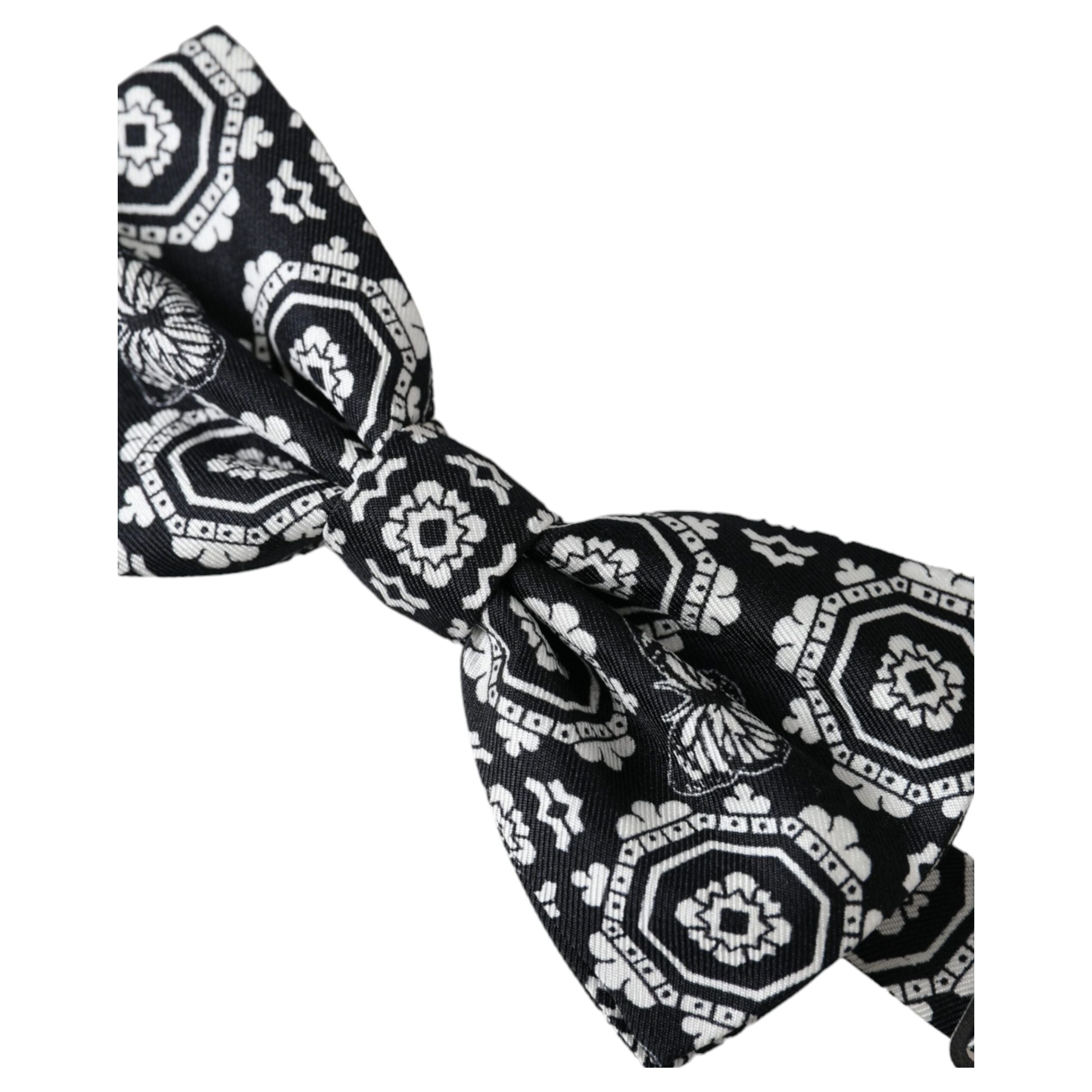 Dolce & Gabbana Black Silk Printed Adjustable Neck Bow Tie