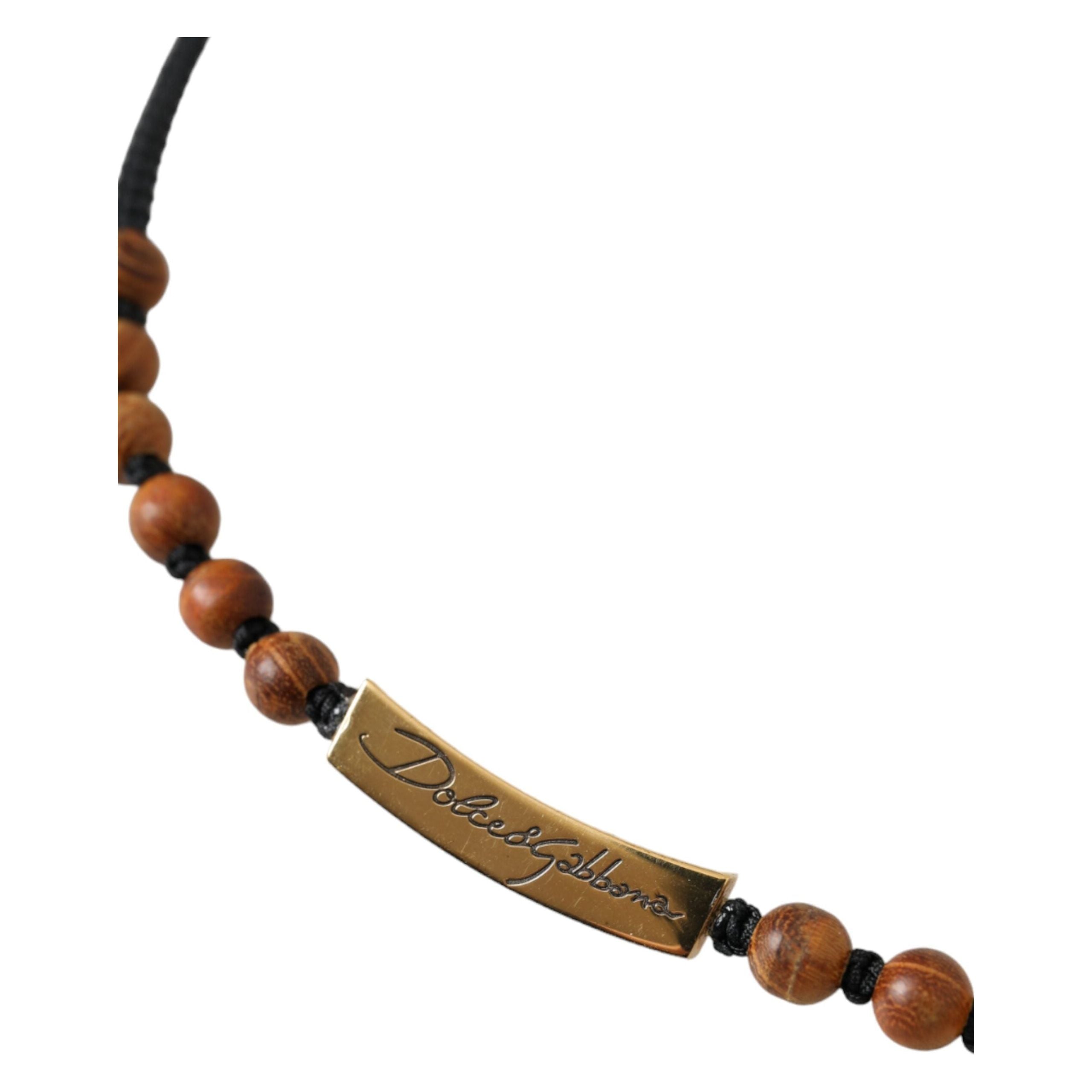 Dolce & Gabbana Black Gold Wooden Beaded Logo Pendant Necklace