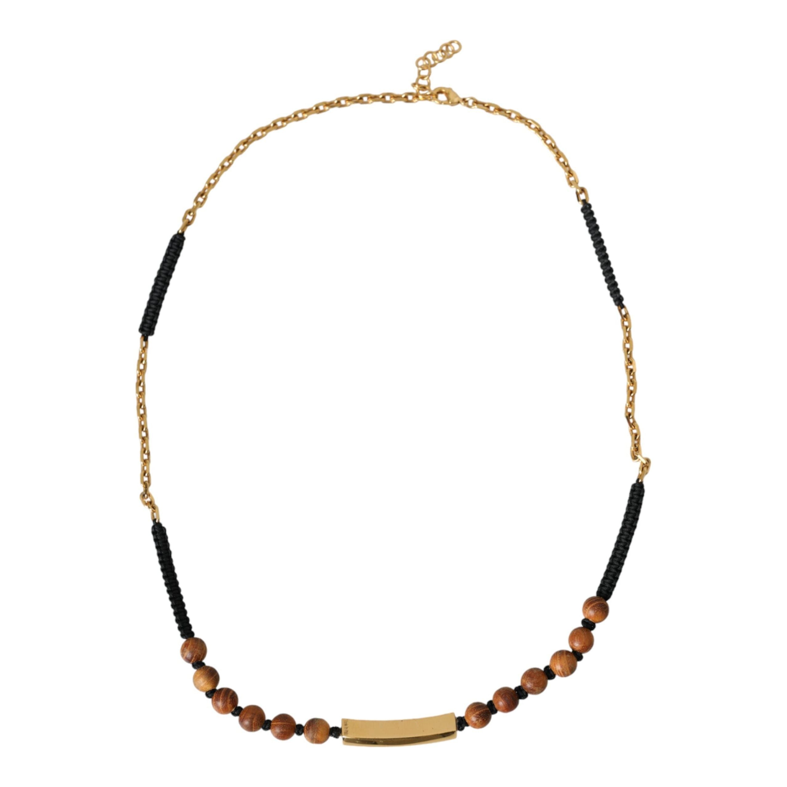 Dolce & Gabbana Black Gold Wooden Beaded Logo Pendant Necklace