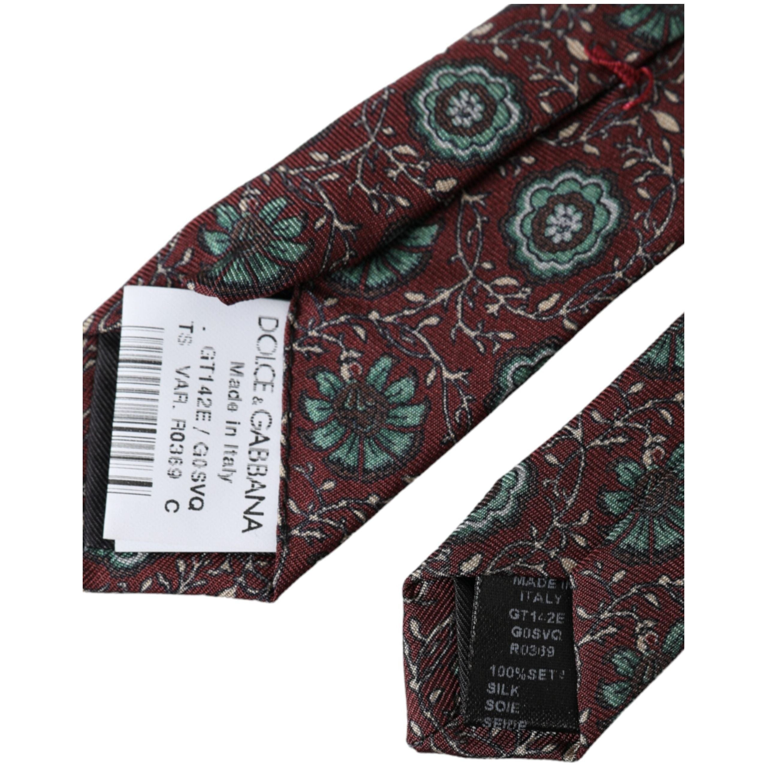 Dolce & Gabbana Maroon Floral 100% Silk Adjustable Tie