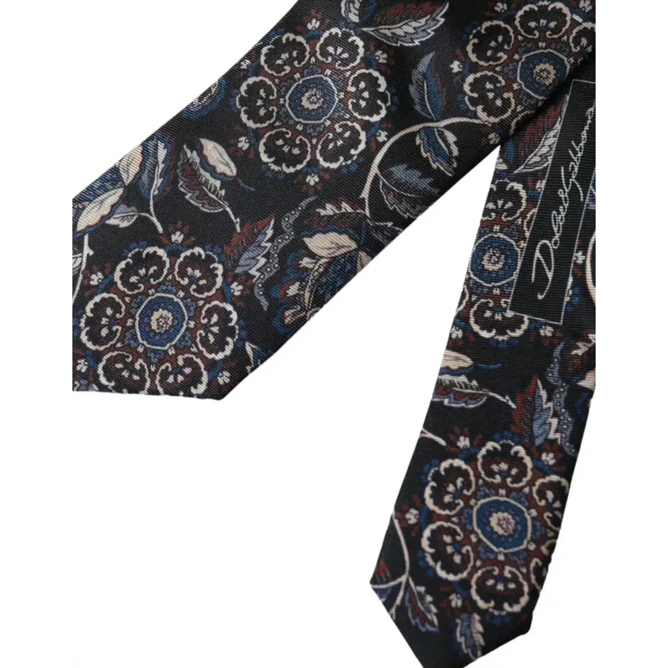 Dolce & Gabbana Black Floral Pattern Silk Adjustable Tie