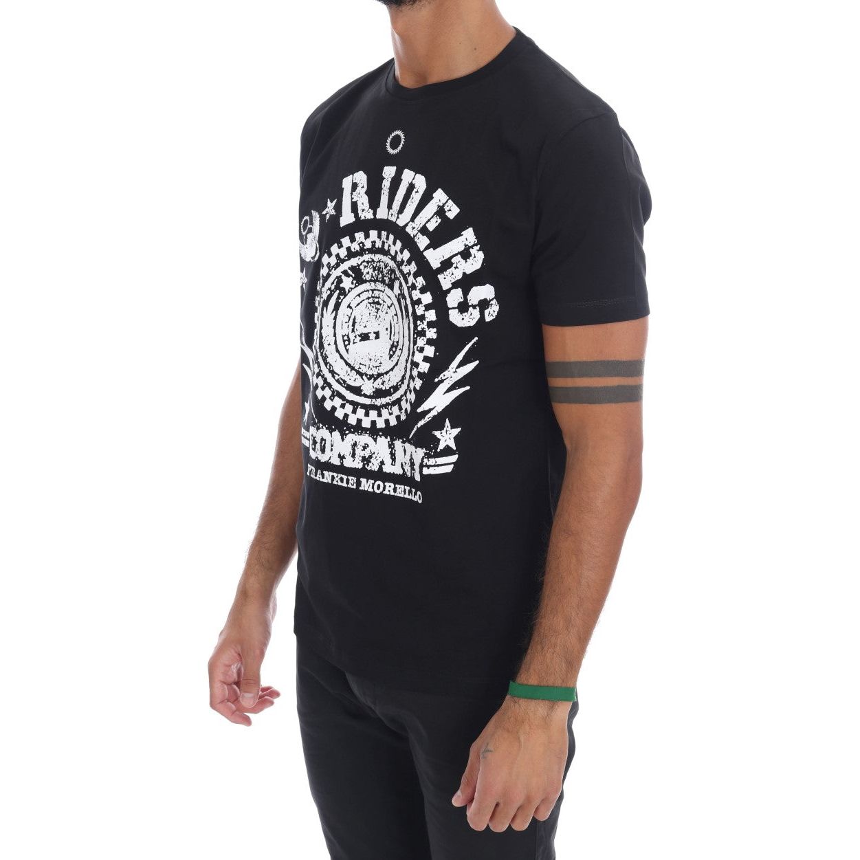 Frankie Morello Black Cotton Crewneck Tee with 'RIDERS' Motif