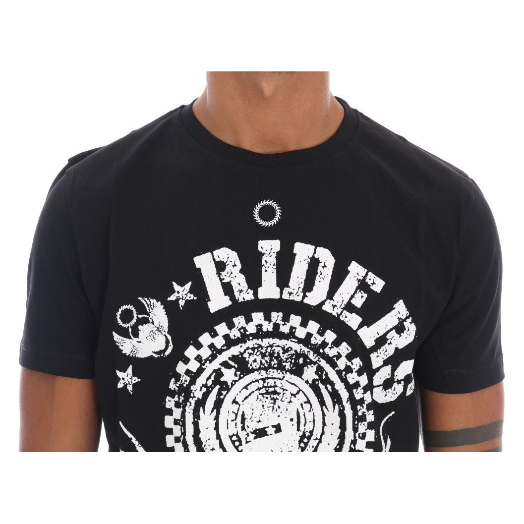 Frankie Morello Black Cotton Crewneck Tee with 'RIDERS' Motif