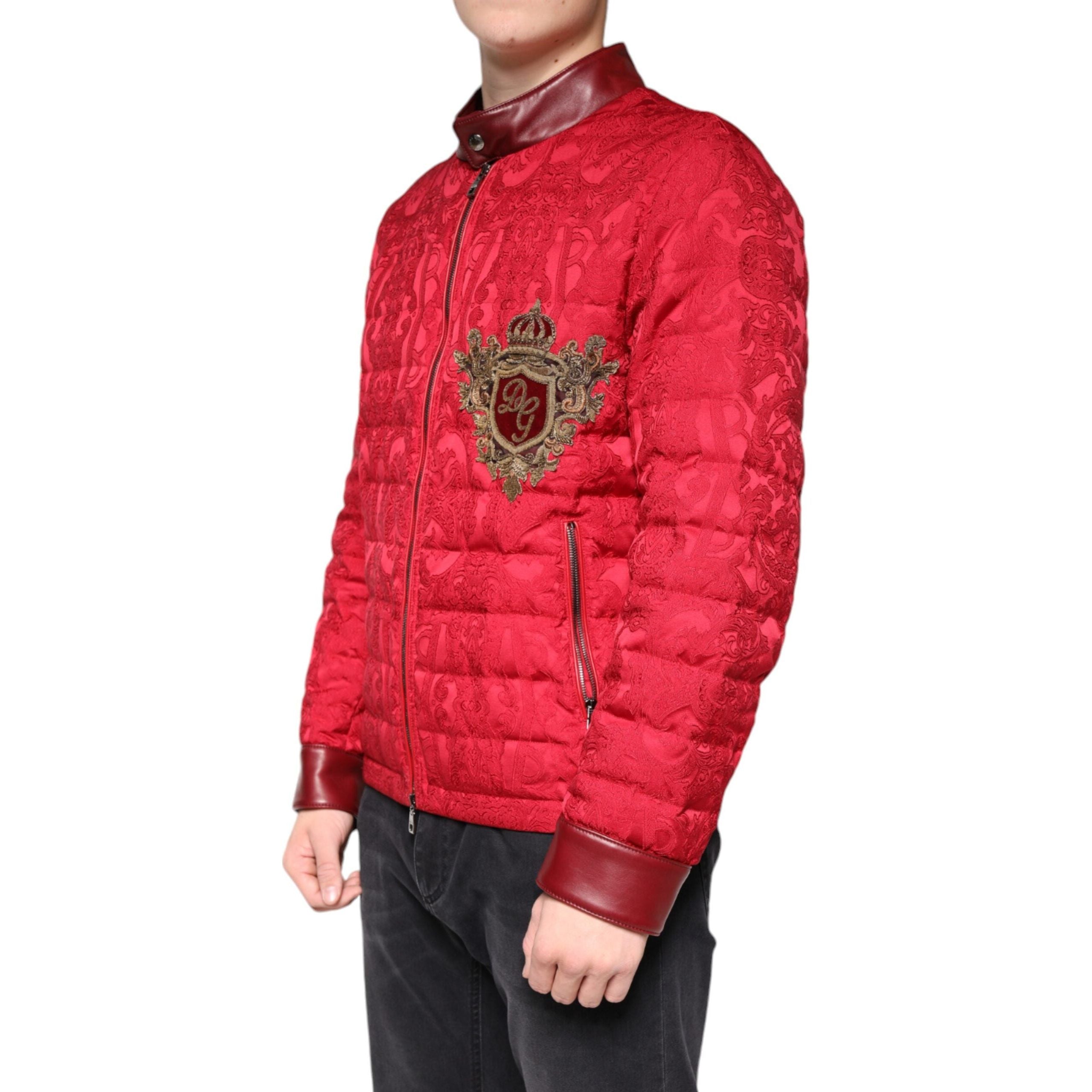 Dolce & Gabbana Red Quilted Fabric Bomber Gold Crown Logo Jacket