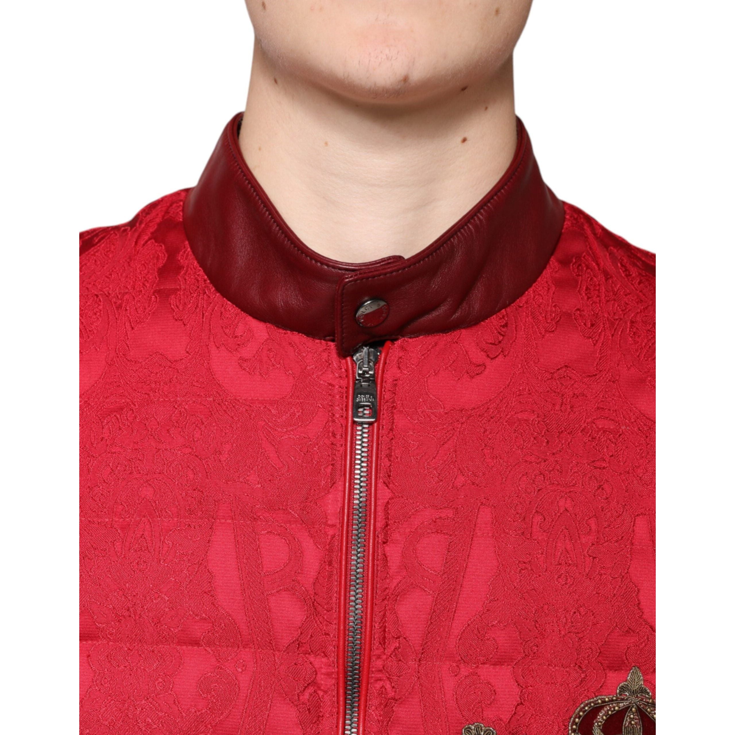 Dolce & Gabbana Red Quilted Fabric Bomber Gold Crown Logo Jacket