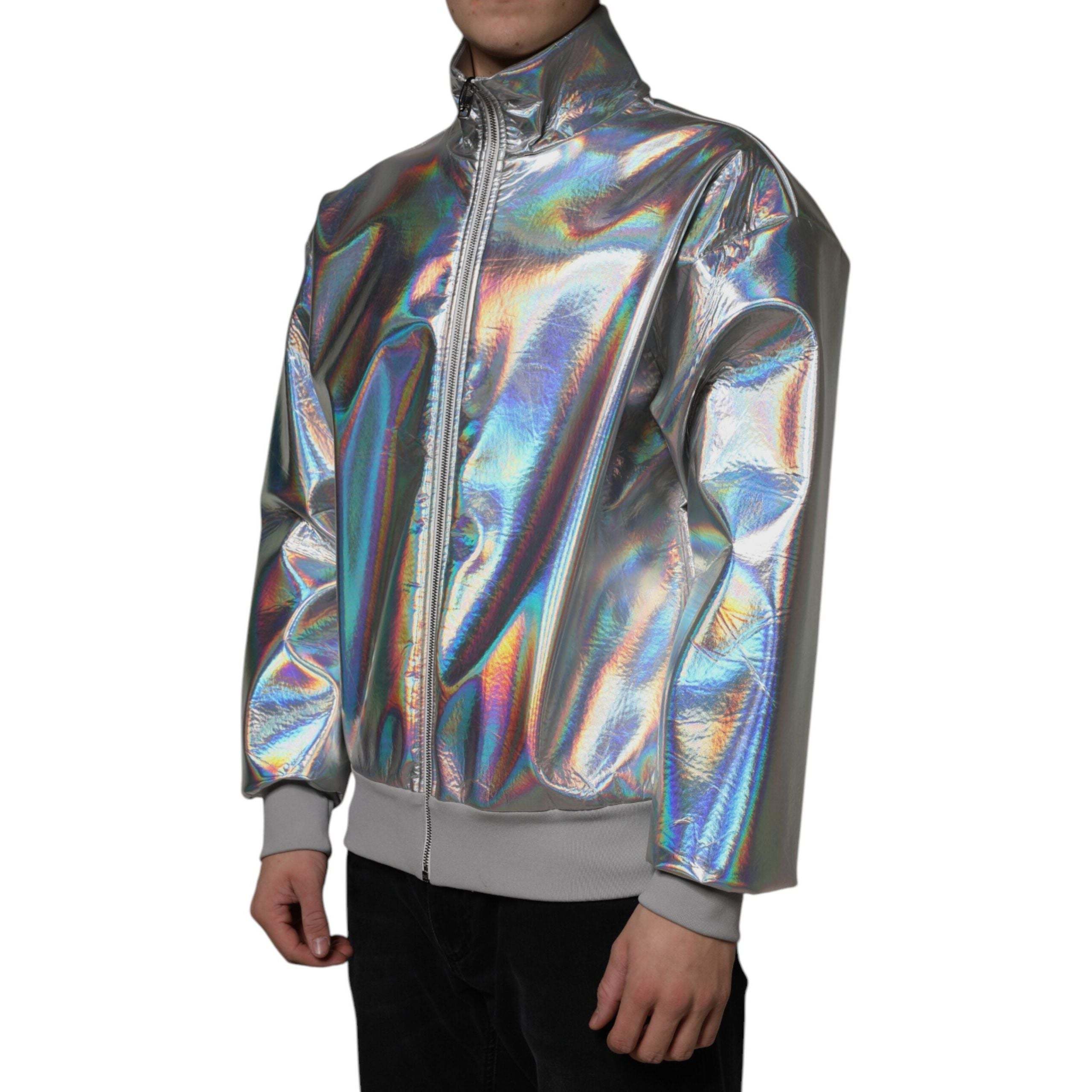 Dolce & Gabbana Silver Iridescent Satin Bomber Jacket