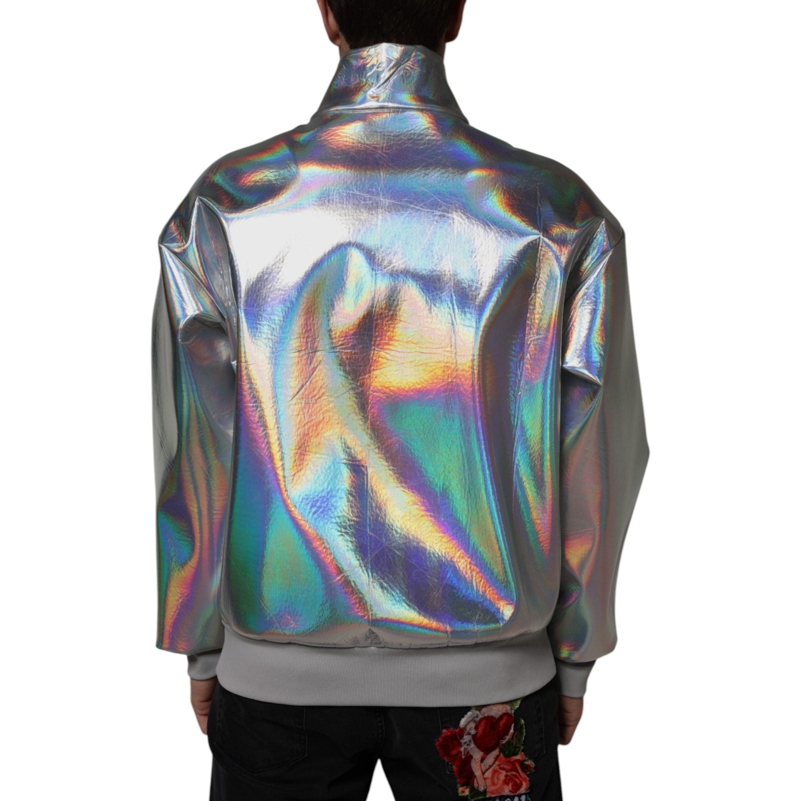 Dolce & Gabbana Silver Iridescent Satin Bomber Jacket