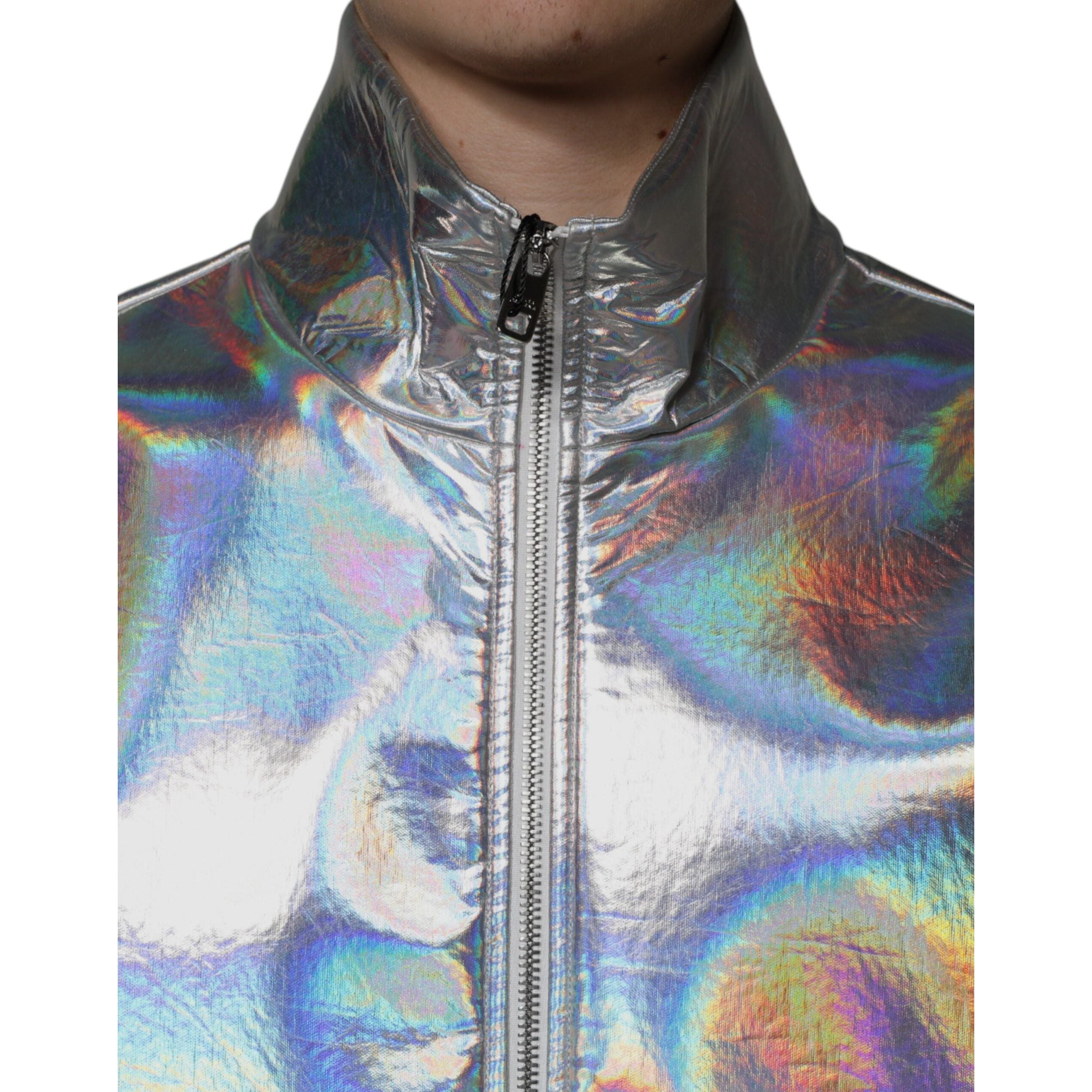 Dolce & Gabbana Silver Iridescent Satin Bomber Jacket