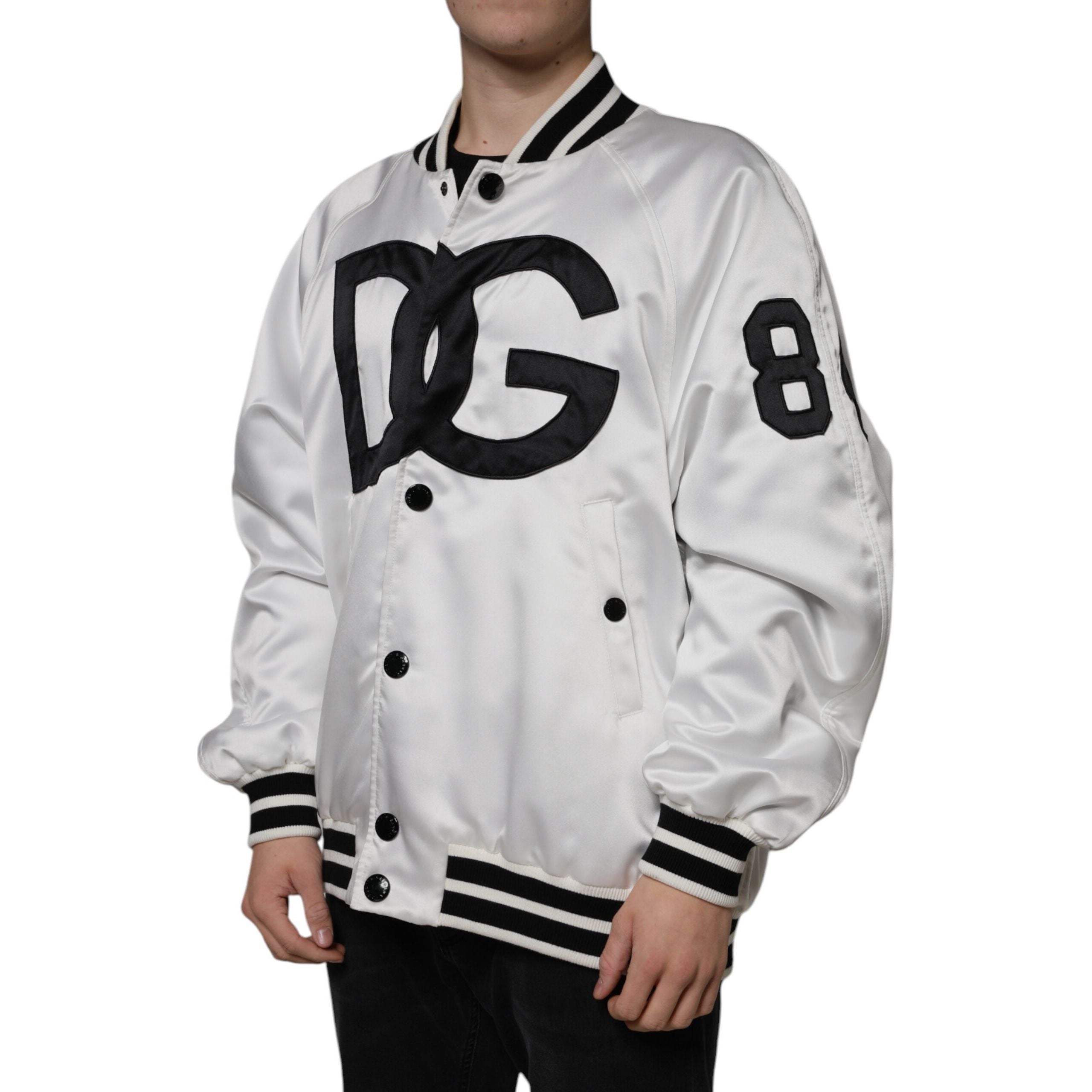 Dolce & Gabbana White Cotton Logo Full Zip Bomber Jacket