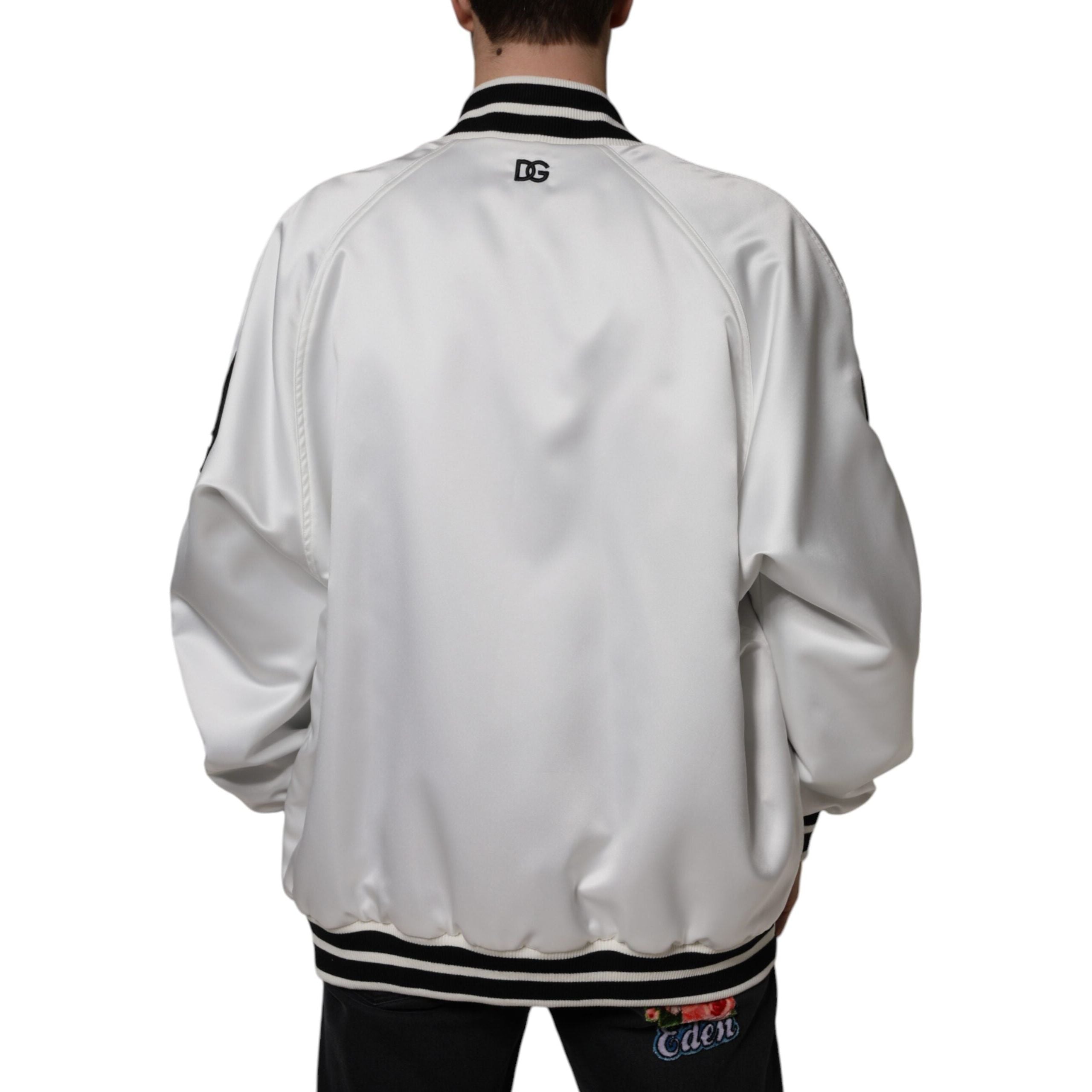 Dolce & Gabbana White Cotton Logo Full Zip Bomber Jacket