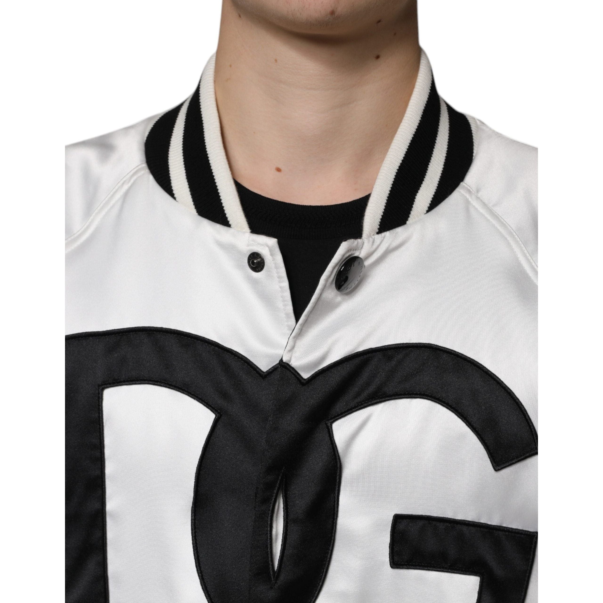 Dolce & Gabbana White Cotton Logo Full Zip Bomber Jacket