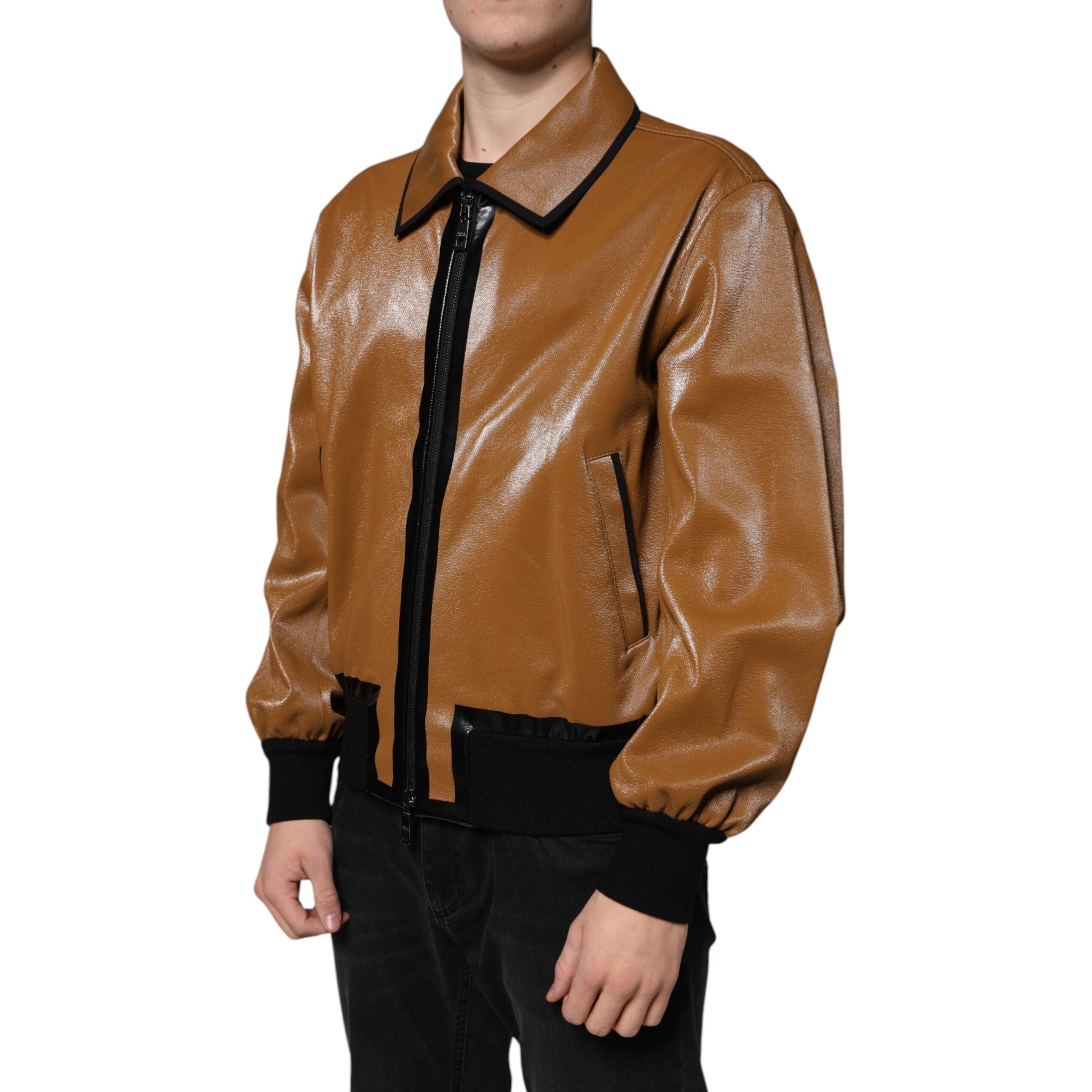 Dolce & Gabbana Brown Leather Full Zip Bomber Jacket