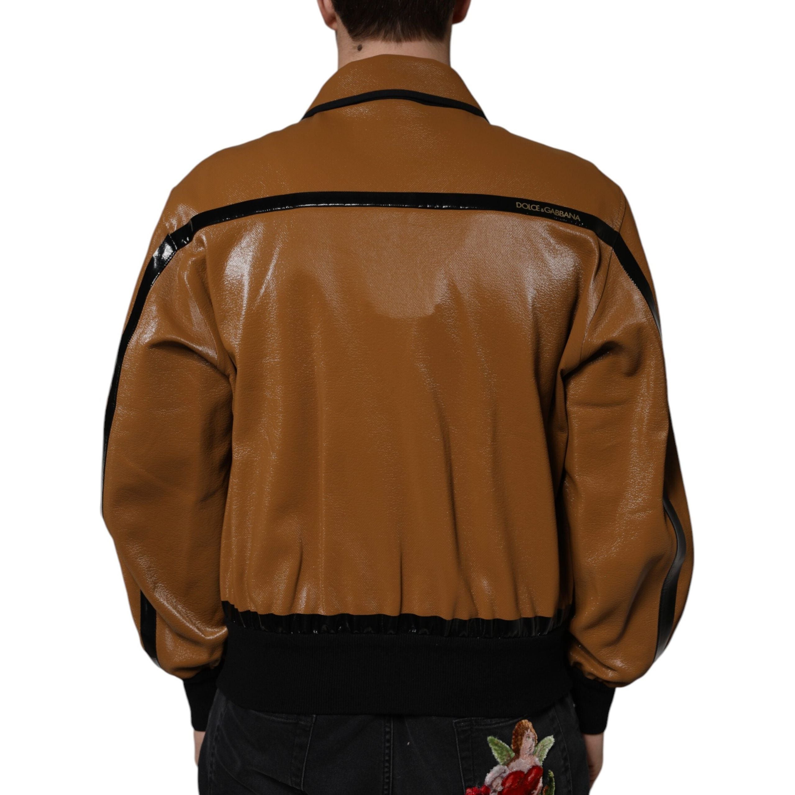 Dolce & Gabbana Brown Leather Full Zip Bomber Jacket