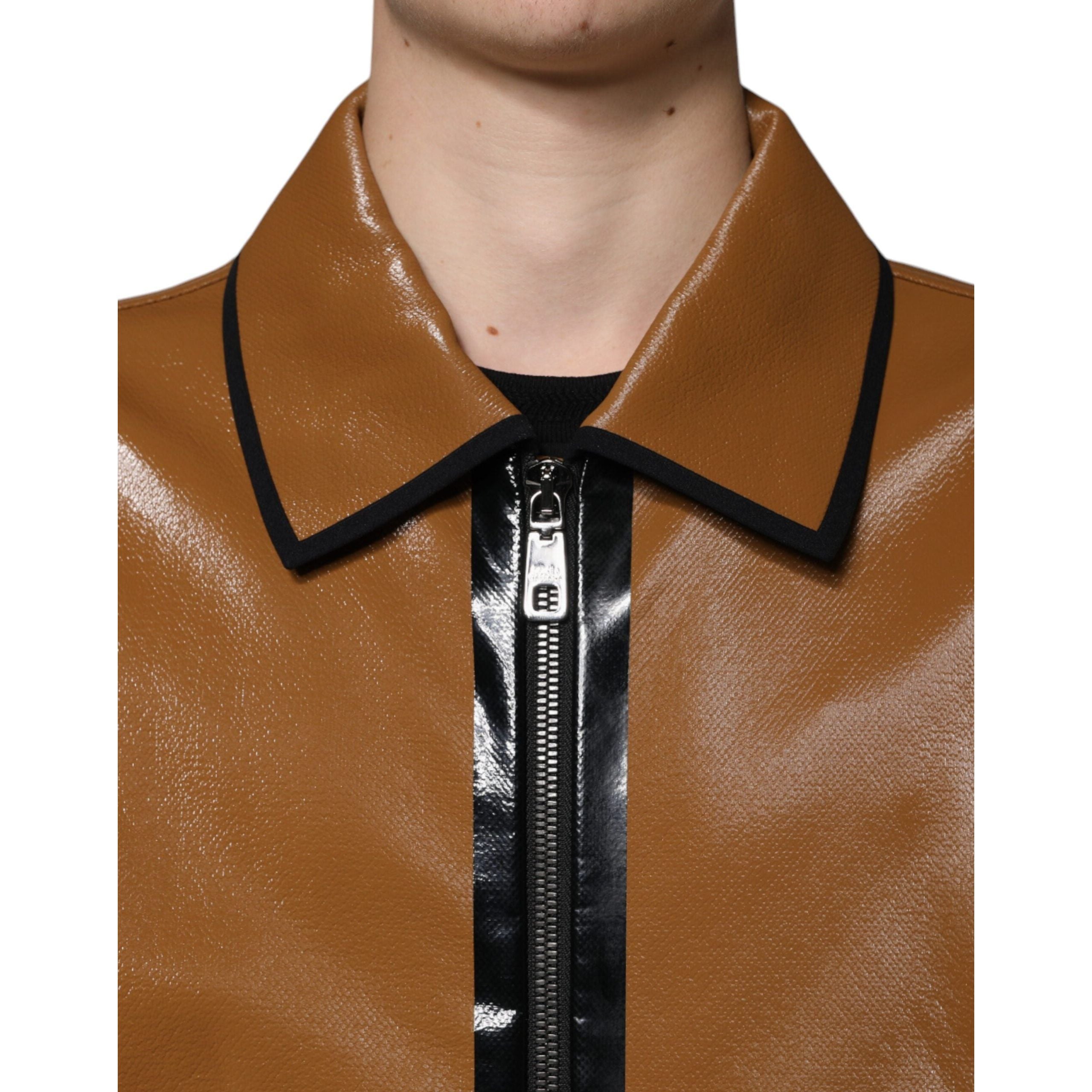 Dolce & Gabbana Brown Leather Full Zip Bomber Jacket
