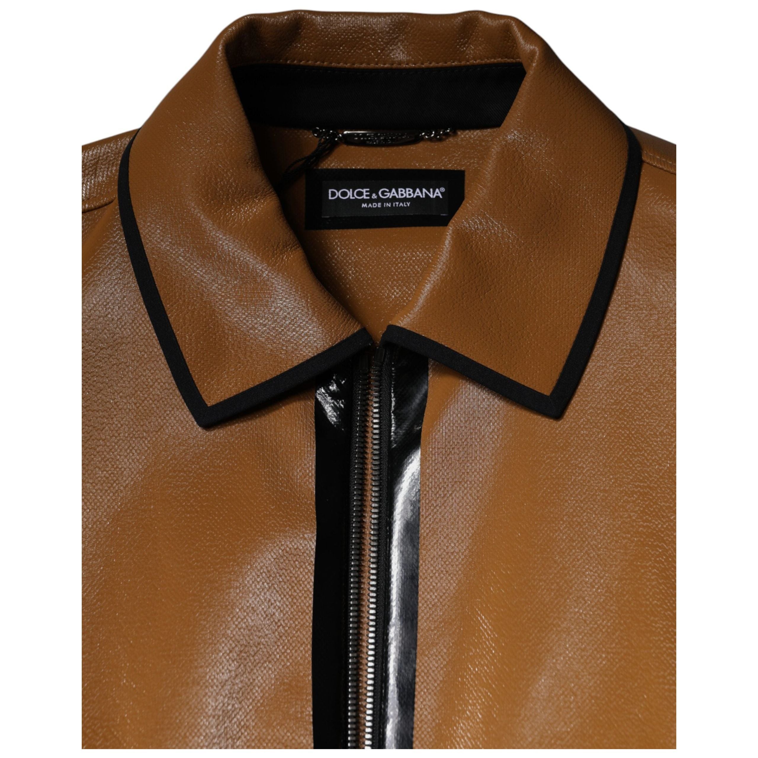 Dolce & Gabbana Brown Leather Full Zip Bomber Jacket