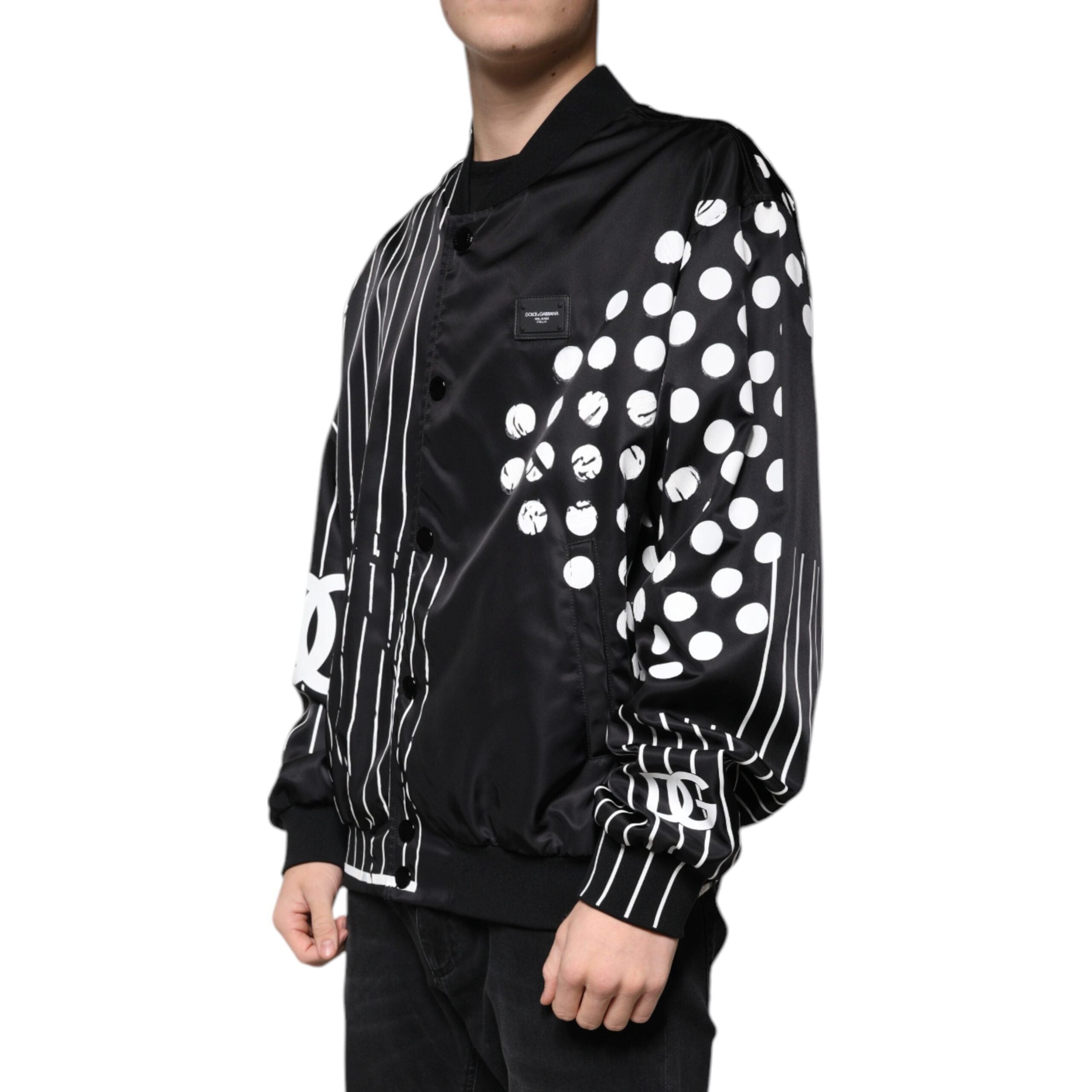 Dolce & Gabbana Black Nylon Polka Dot Stripe Bomber Jacket