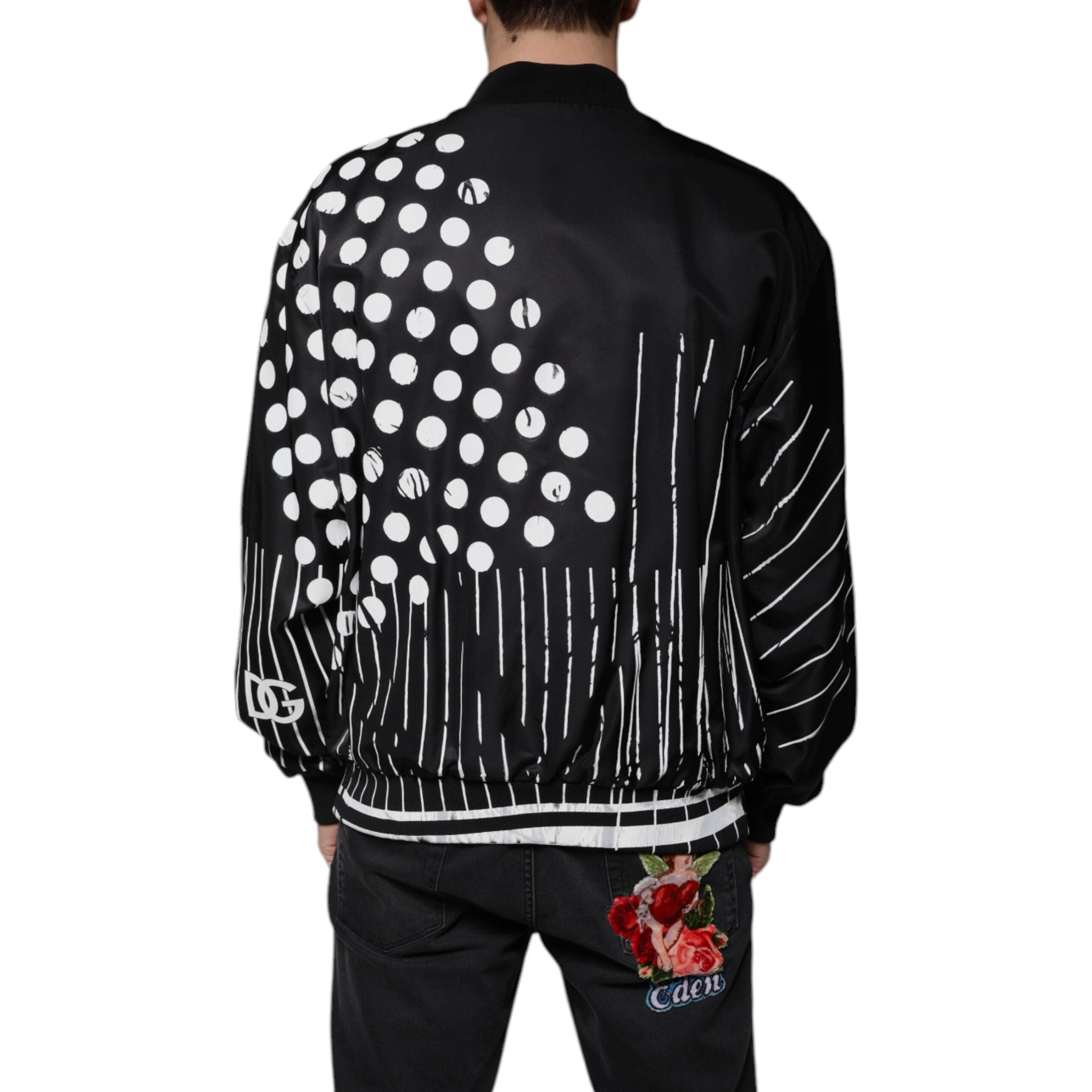 Dolce & Gabbana Black Nylon Polka Dot Stripe Bomber Jacket