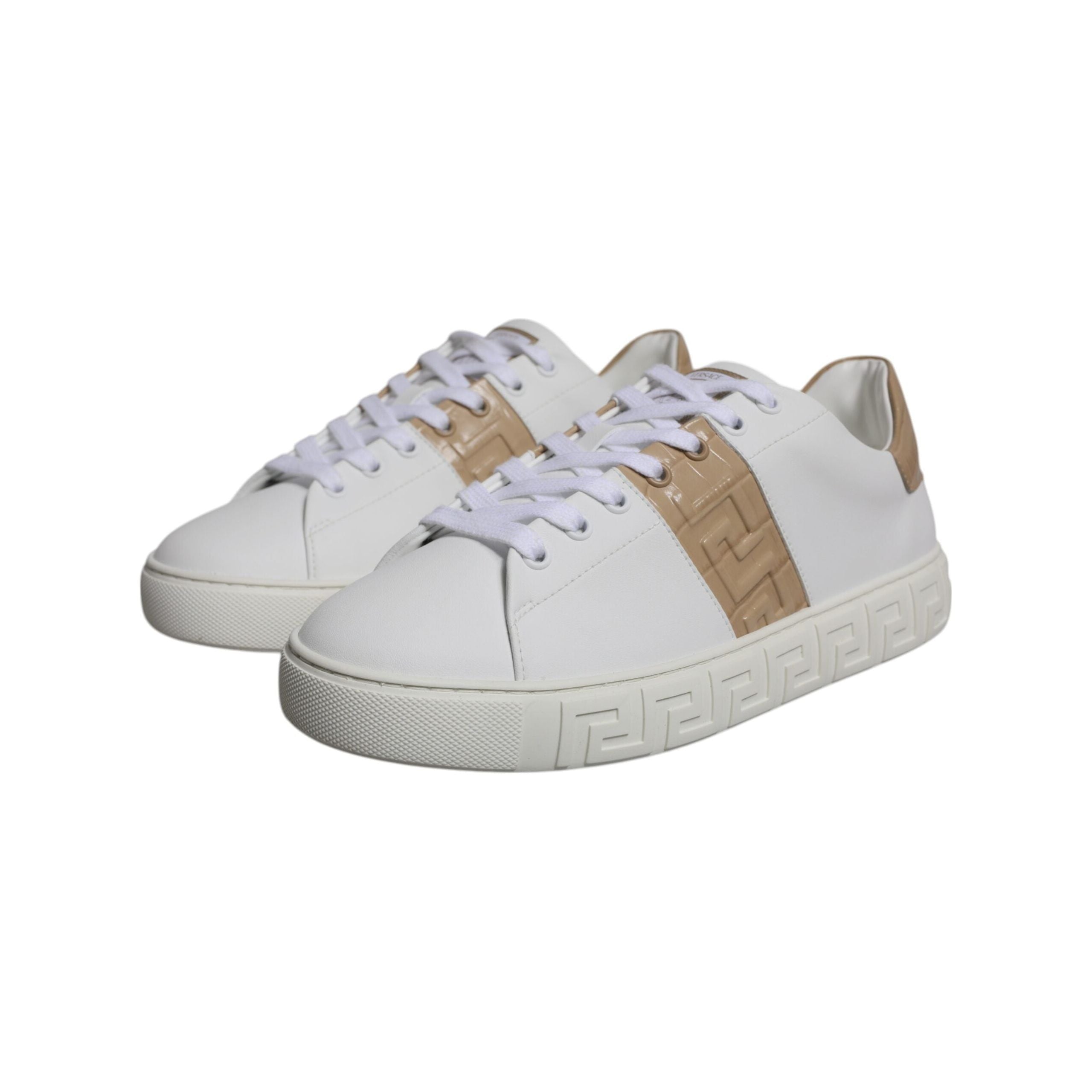 Versace White Brown Greca Print TPU Low Top Sneakers Shoes