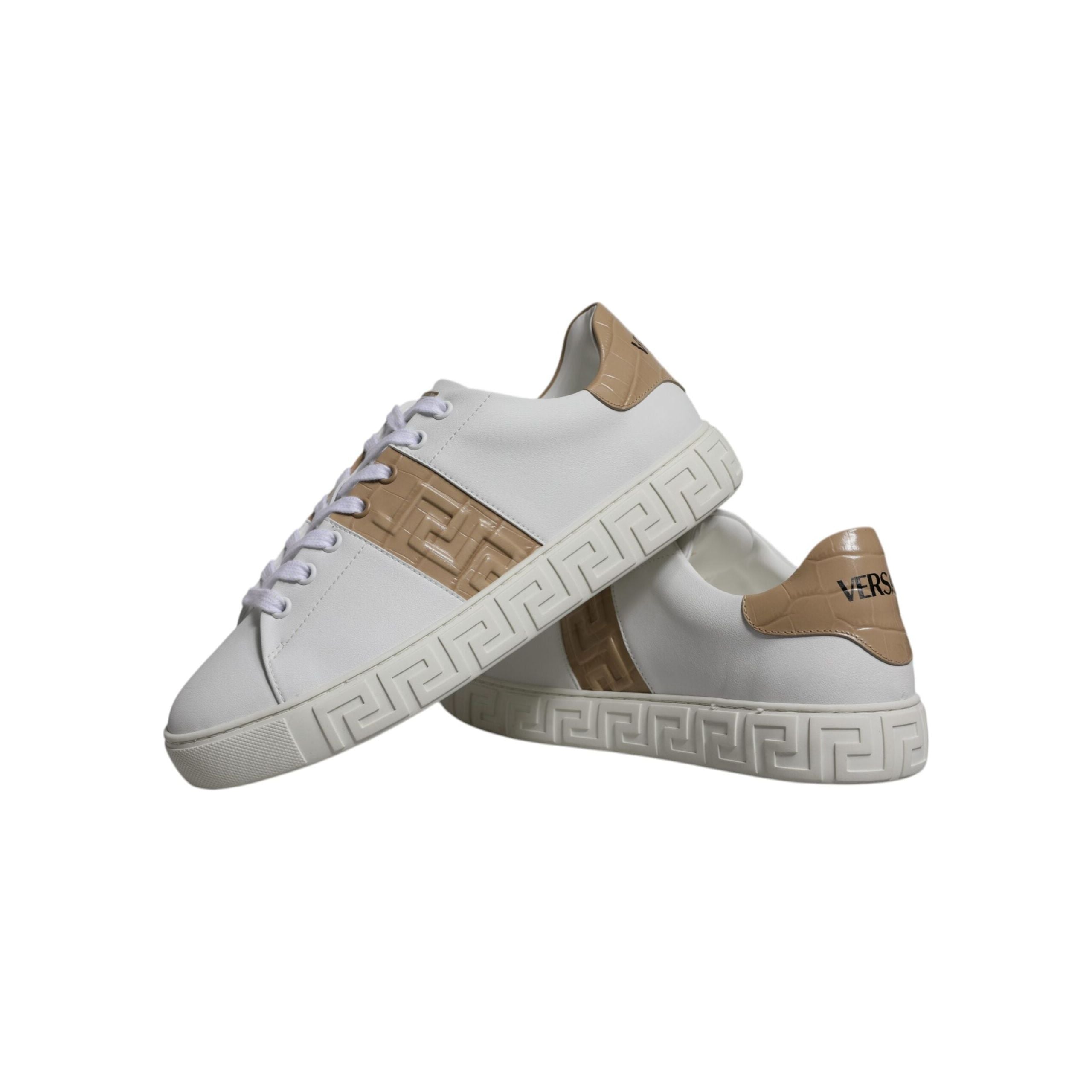 Versace White Brown Greca Print TPU Low Top Sneakers Shoes