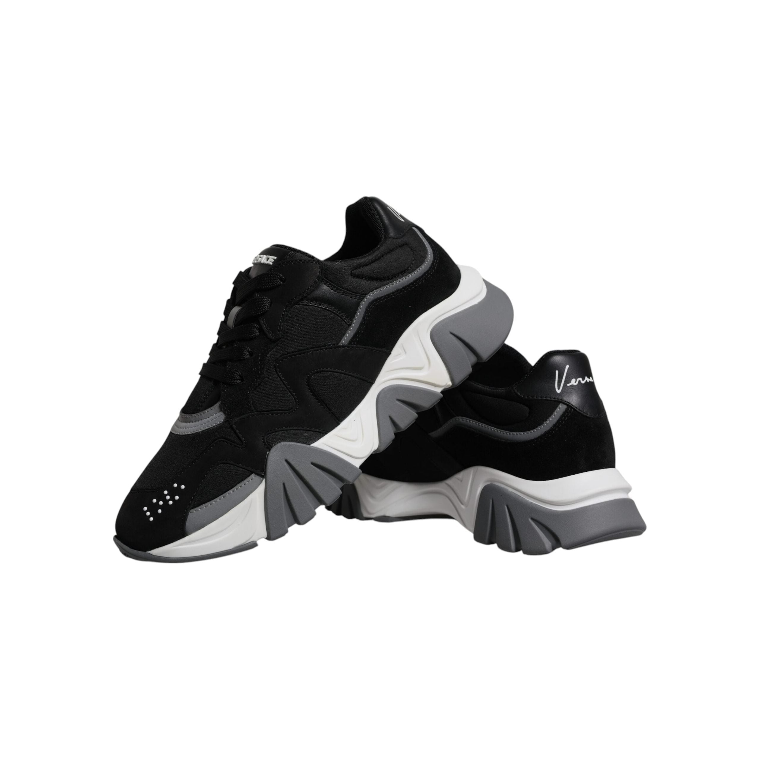 Versace Black Leather Neoprene Chunky Low Top Sneakers Squalo Shoes