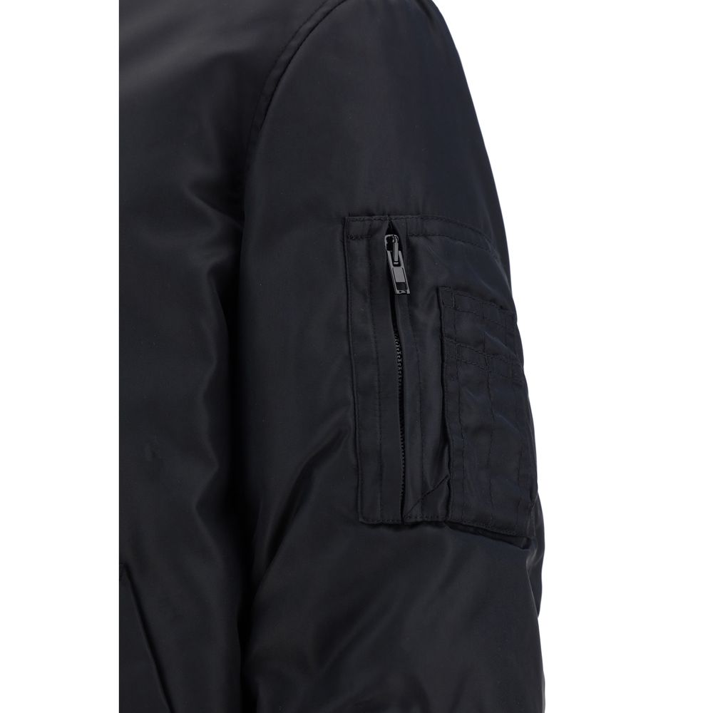 Moschino Black Satin Bomber Jacket with Iconic Contrast Print