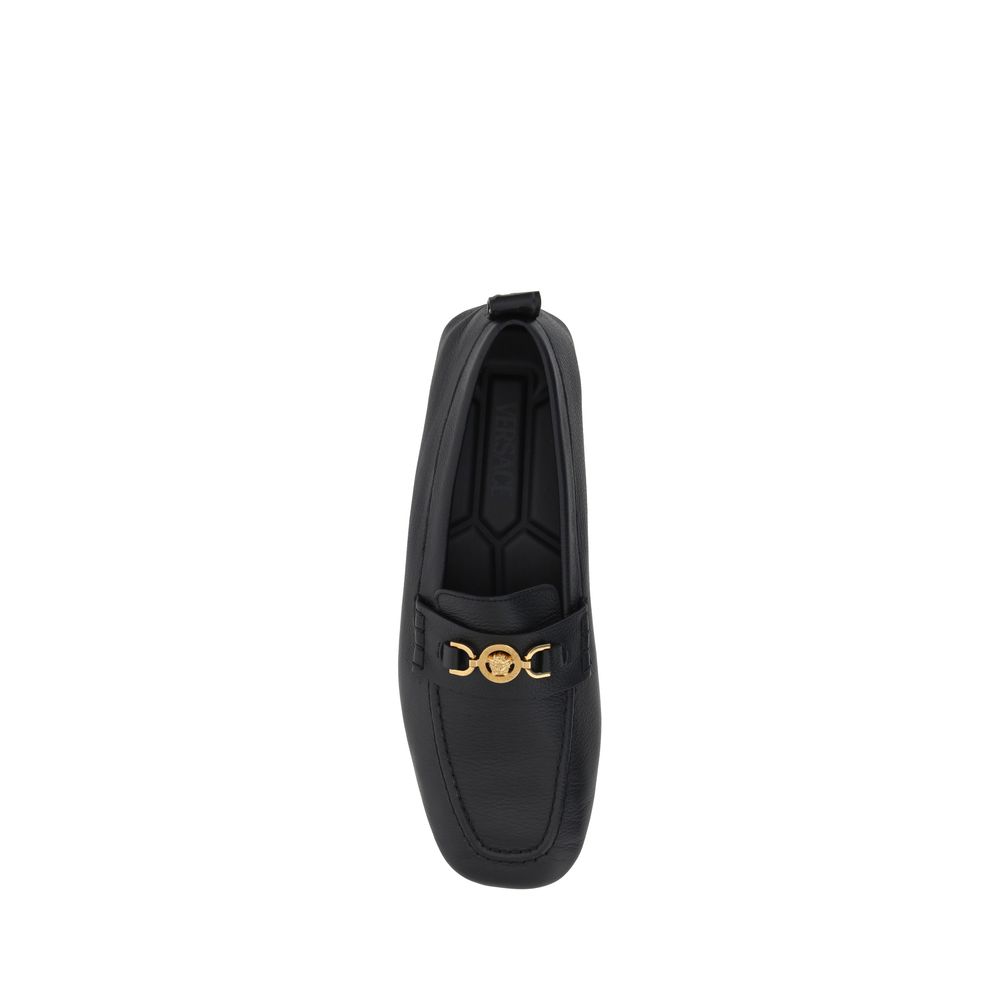 Versace Black Hammered Leather Driver Loafers