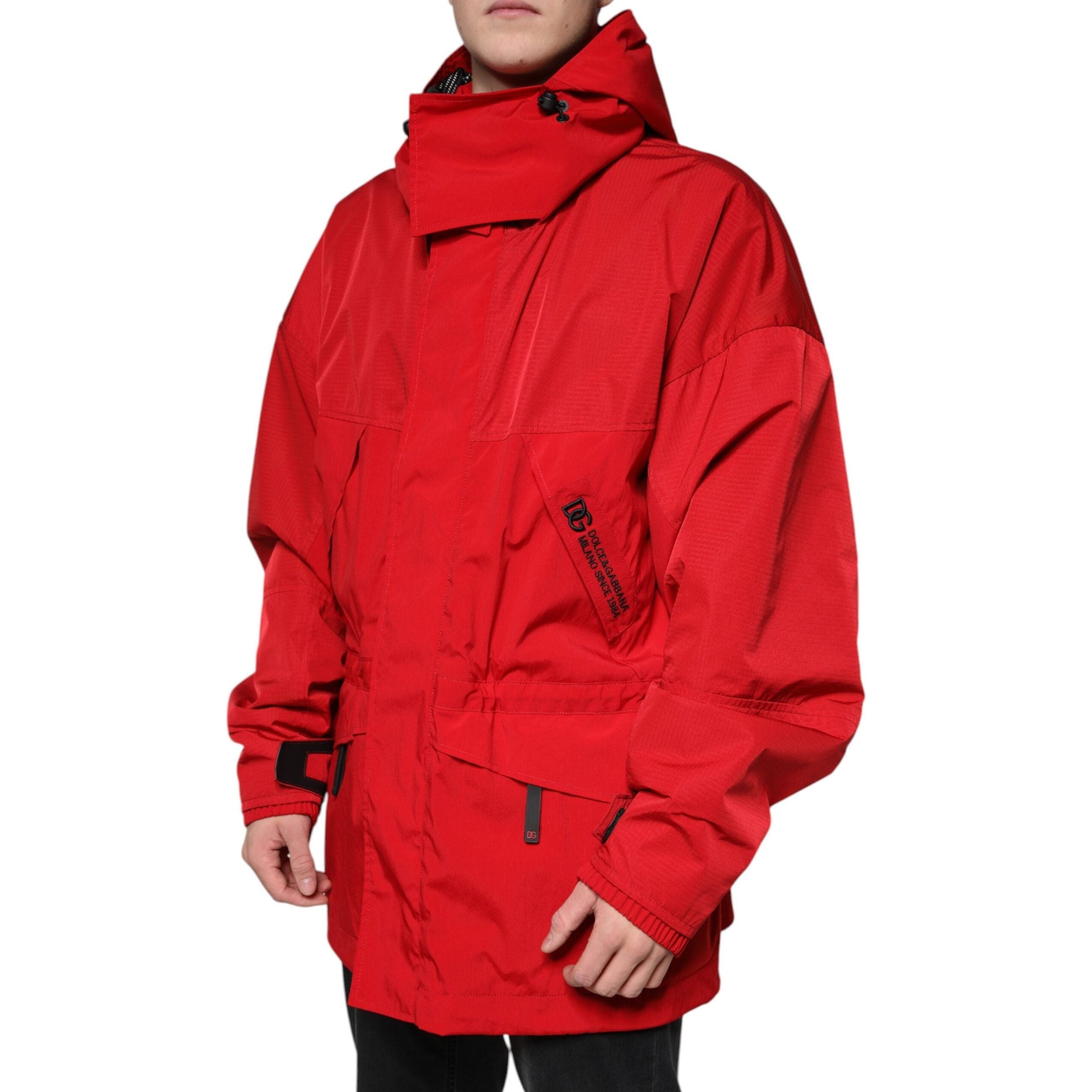 Dolce & Gabbana Red Nylon Hooded Full Zip Parka Jacket