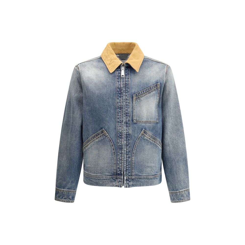 Alexander McQueen Blue Cotton Denim Jacket with Suede Collar Detail