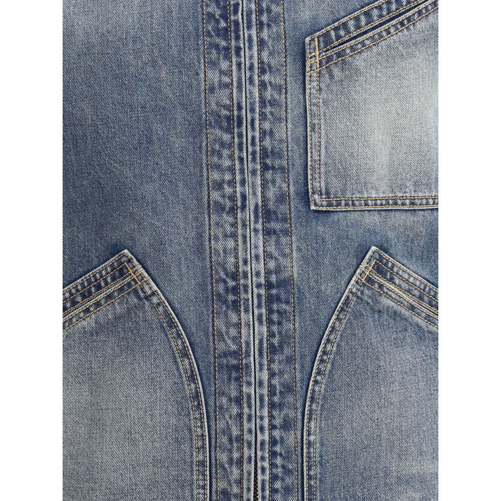 Alexander McQueen Blue Cotton Denim Jacket with Suede Collar Detail