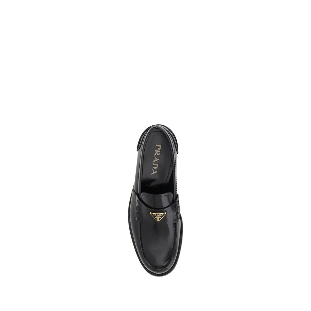 Prada Black Leather Triangular Plaque Loafers